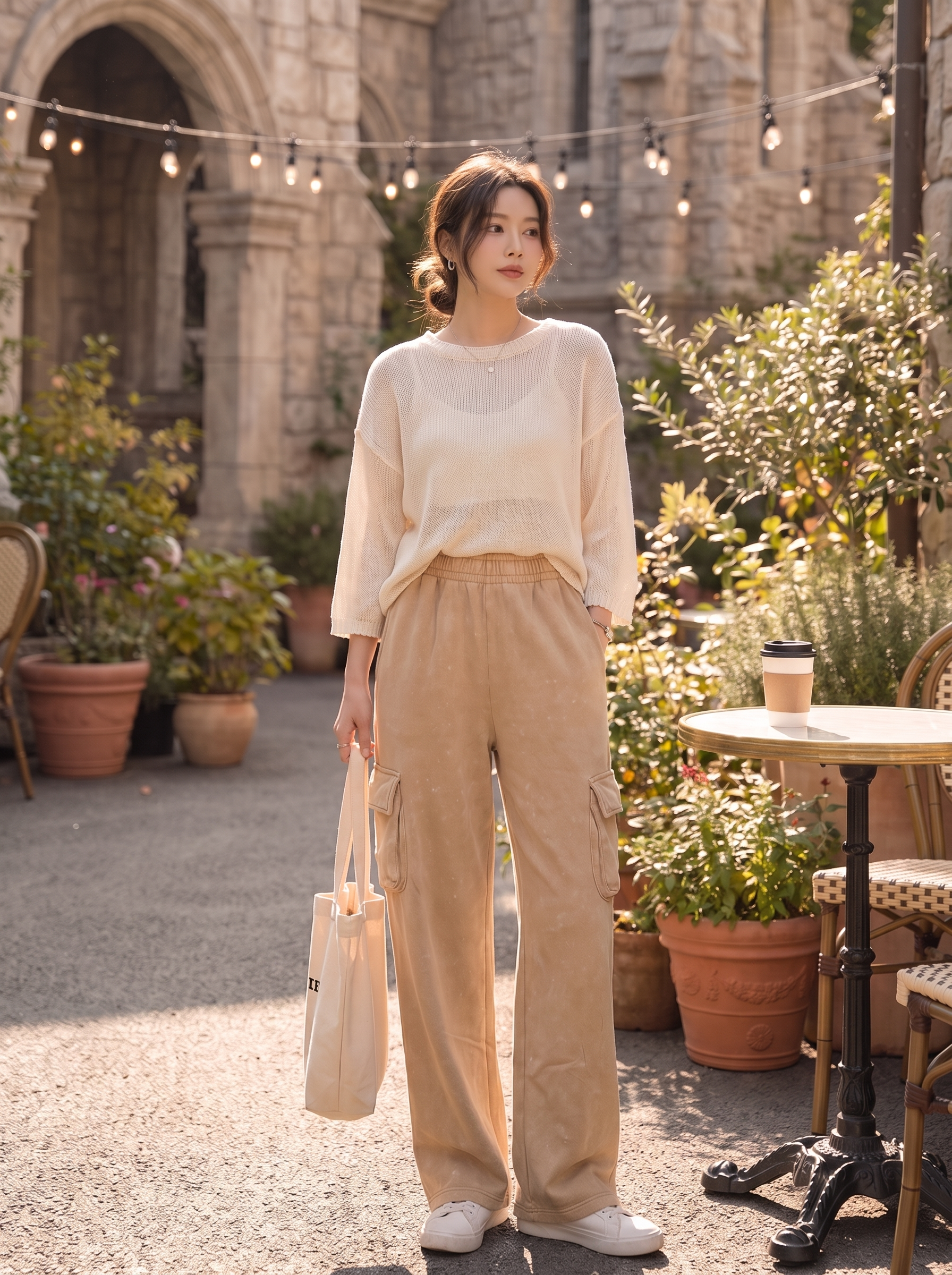 Women's Mineral Wash Loose Fit Cargo Joggers - Women Tan Fleece Sweatpants with Pockets