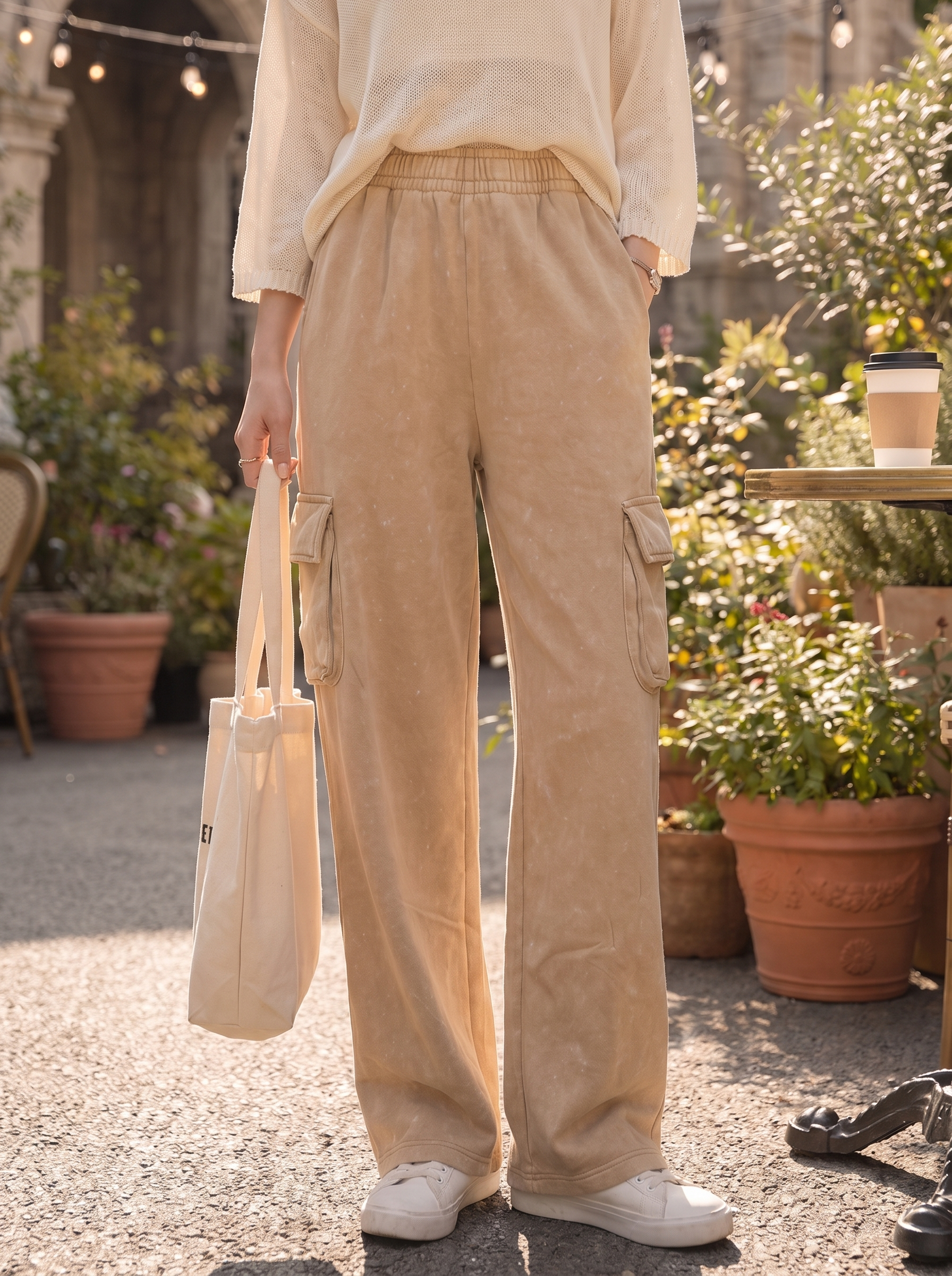 Women's Mineral Wash Loose Fit Cargo Joggers - Women Tan Fleece Sweatpants with Pockets