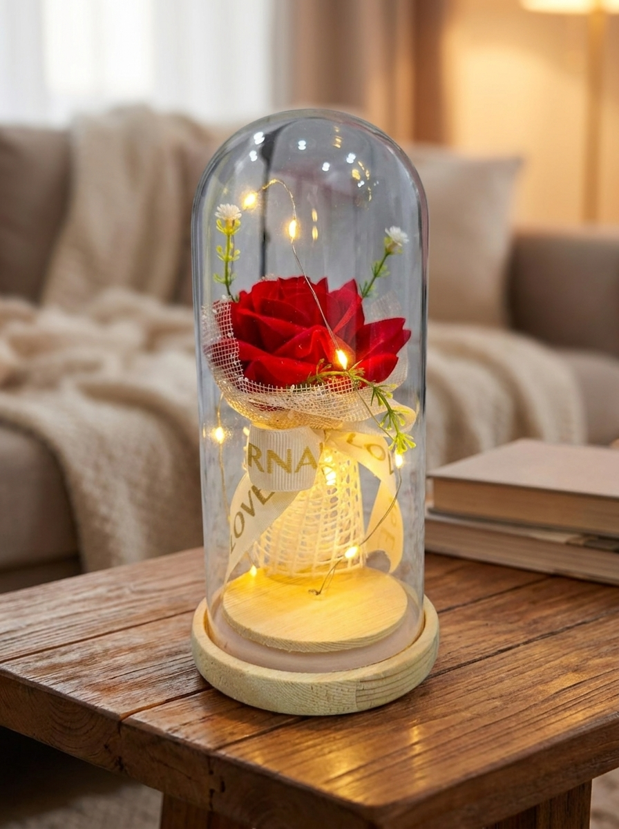 Enchanted Eternal Red Rose in Glass Dome with LED Fairy Lights