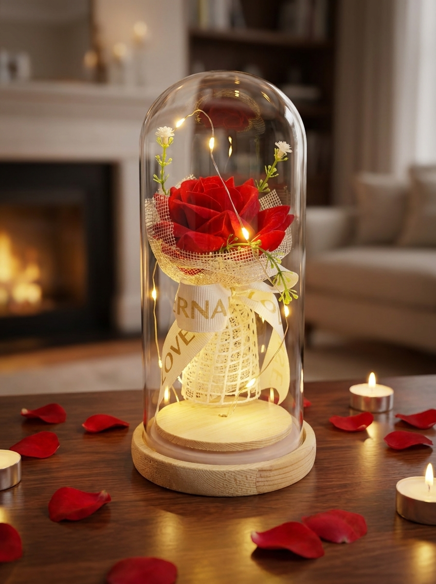 Enchanted Eternal Red Rose in Glass Dome with LED Fairy Lights