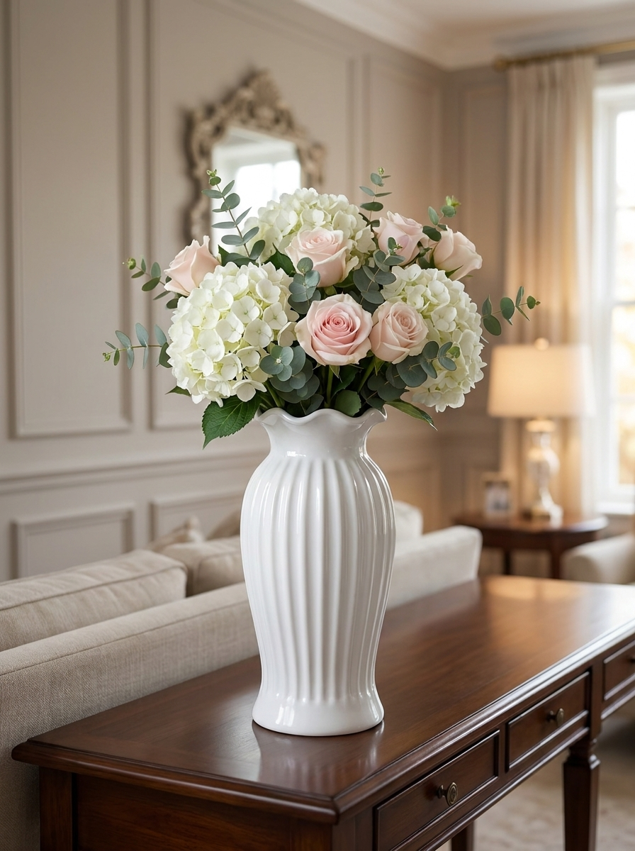 Modern White Ceramic Fluted Flower Vase with Ruffled Rim