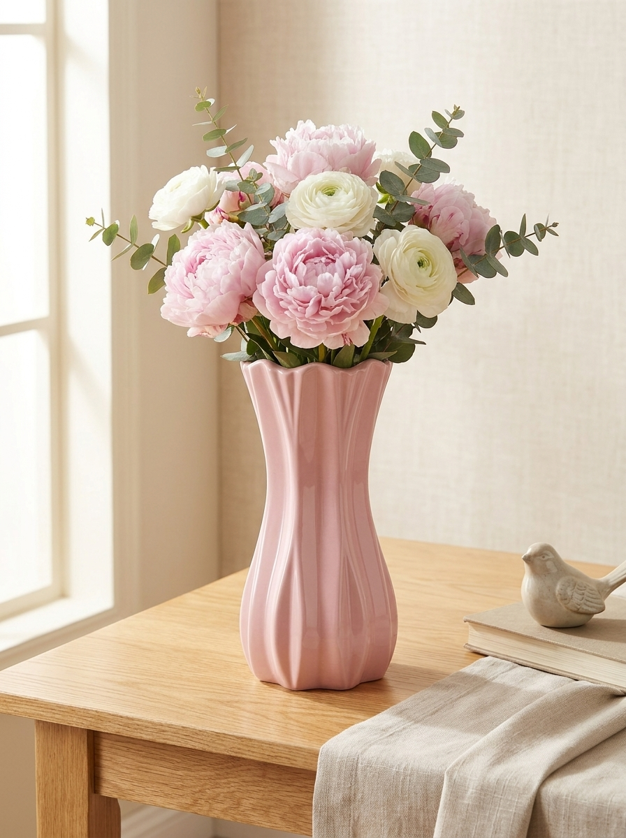 Modern Pastel Pink Ceramic Fluted Flower Vase | Aesthetic Curved Wave Tabletop Vase for Home Decor