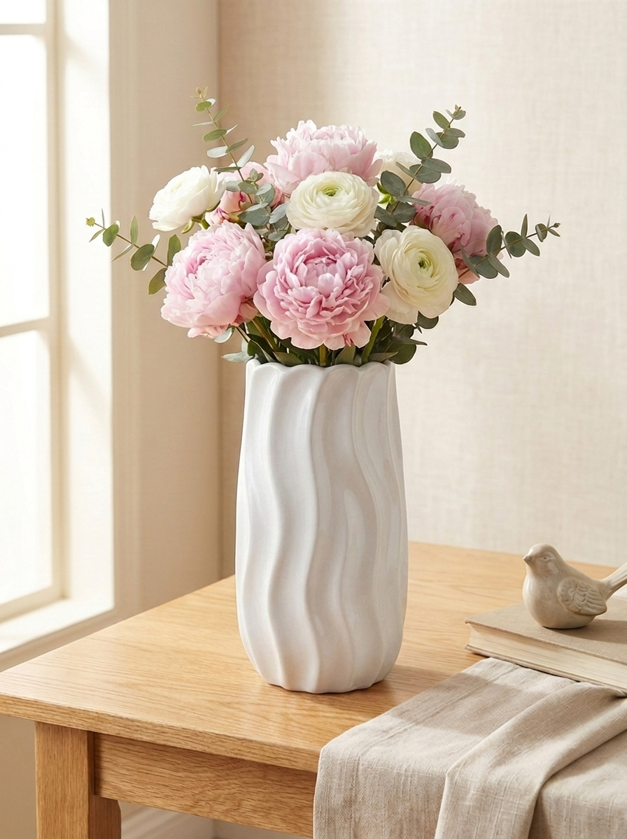 Modern White Ceramic Wave Texture Flower Vase | Aesthetic Spiral Ribbed Tabletop Vase for Home Decor