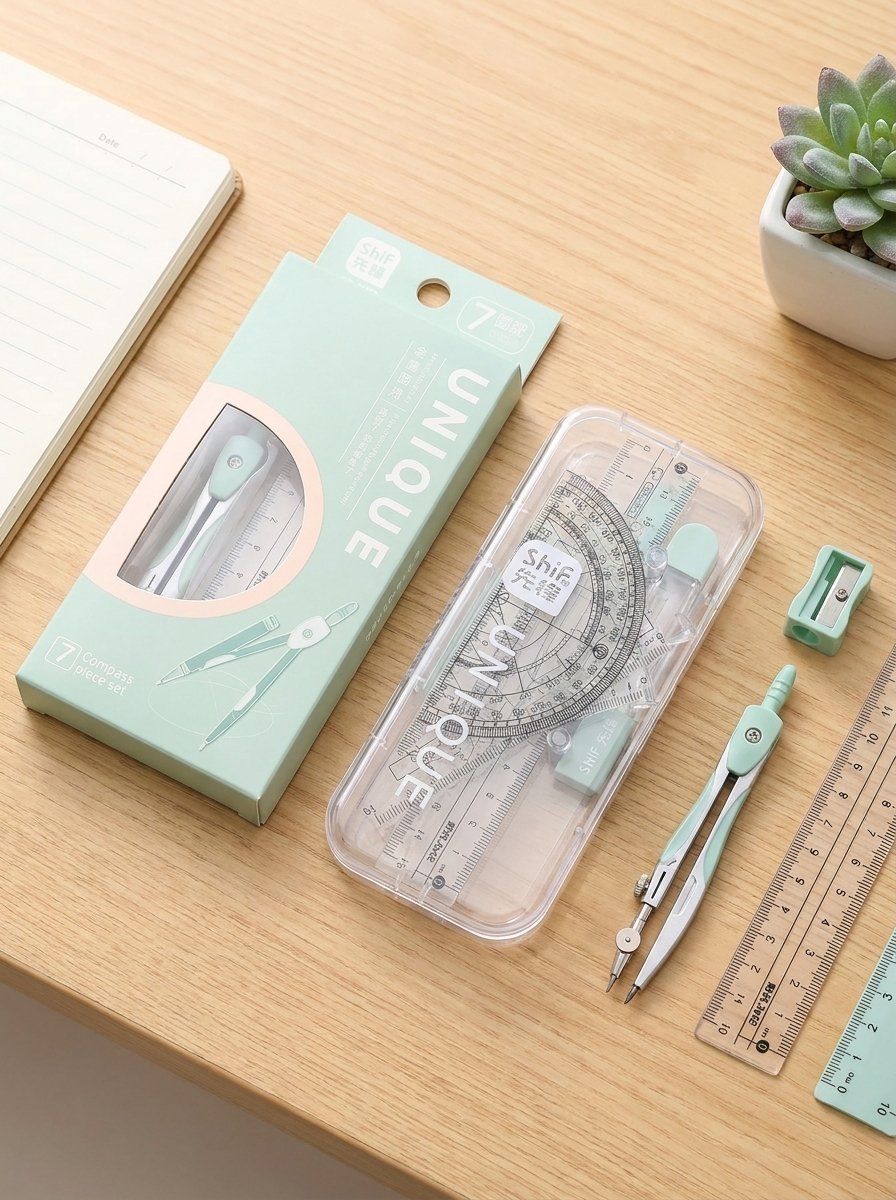 7-Piece Pastel Geometry Drawing Compass & Ruler Set with Storage Case | Math Drafting Kit for Students, Geometry Class & Architecture