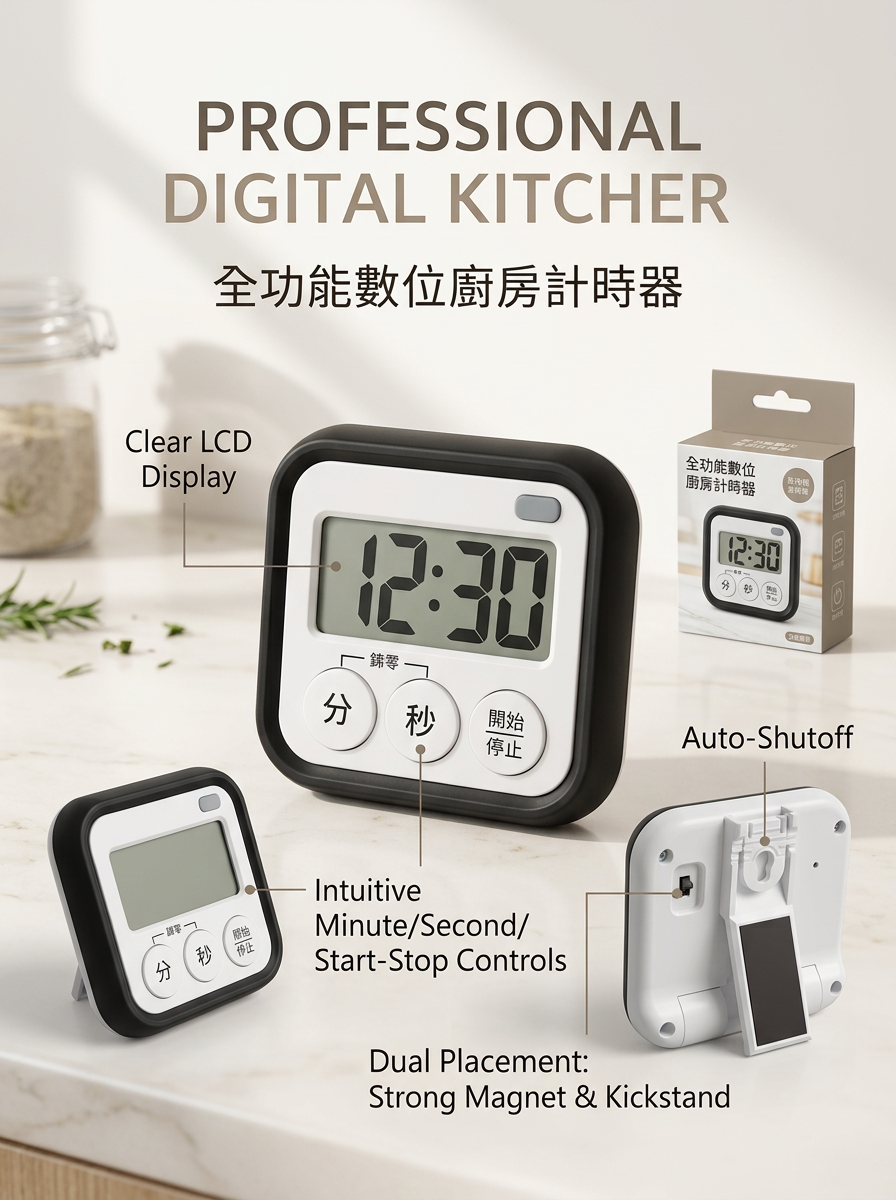 Magnetic Digital Kitchen Timer with Large LCD Display & Kickstand | Portable Minimalist Desk & Cooking Countdown Timer for Baking, Study & Fitness