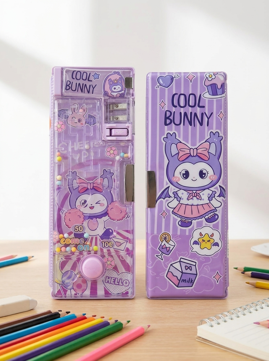 Multifunction Plastic Pencil Case with Built-in Pencil Sharpener & Pinball Game | Double-Sided Magnetic Pencil Box for Kids