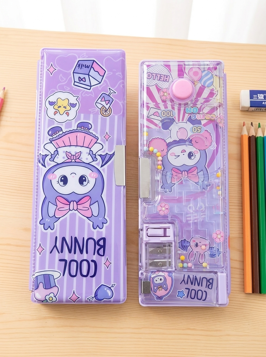 Multifunction Plastic Pencil Case with Built-in Pencil Sharpener & Pinball Game | Double-Sided Magnetic Pencil Box for Kids