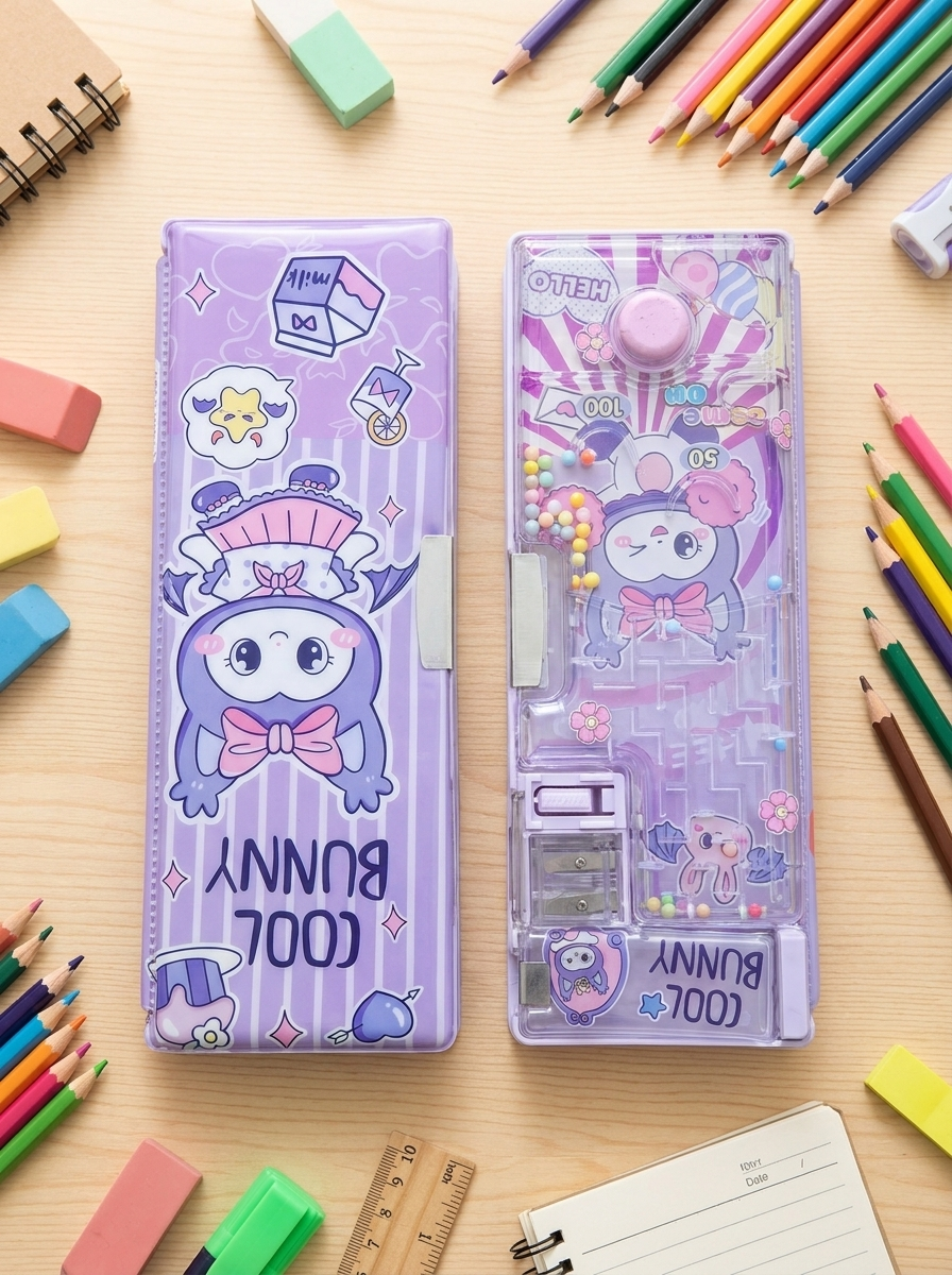 Multifunction Plastic Pencil Case with Built-in Pencil Sharpener & Pinball Game | Double-Sided Magnetic Pencil Box for Kids