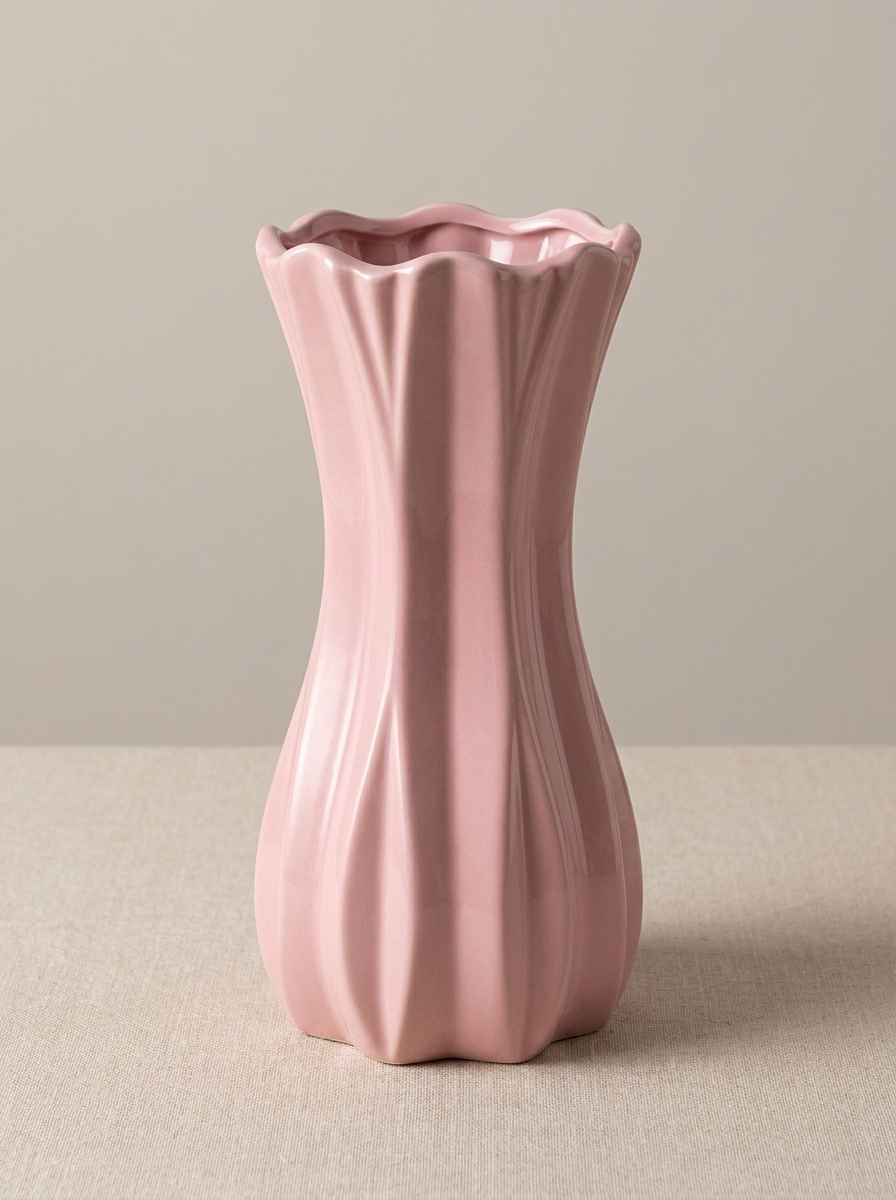 Modern Pastel Pink Ceramic Fluted Flower Vase | Aesthetic Curved Wave Tabletop Vase for Home Decor