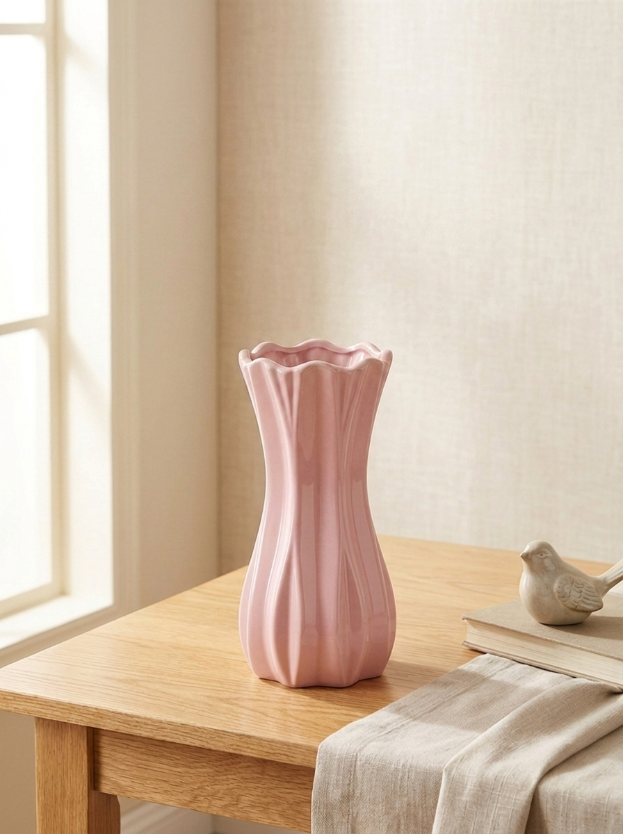 Modern Pastel Pink Ceramic Fluted Flower Vase | Aesthetic Curved Wave Tabletop Vase for Home Decor