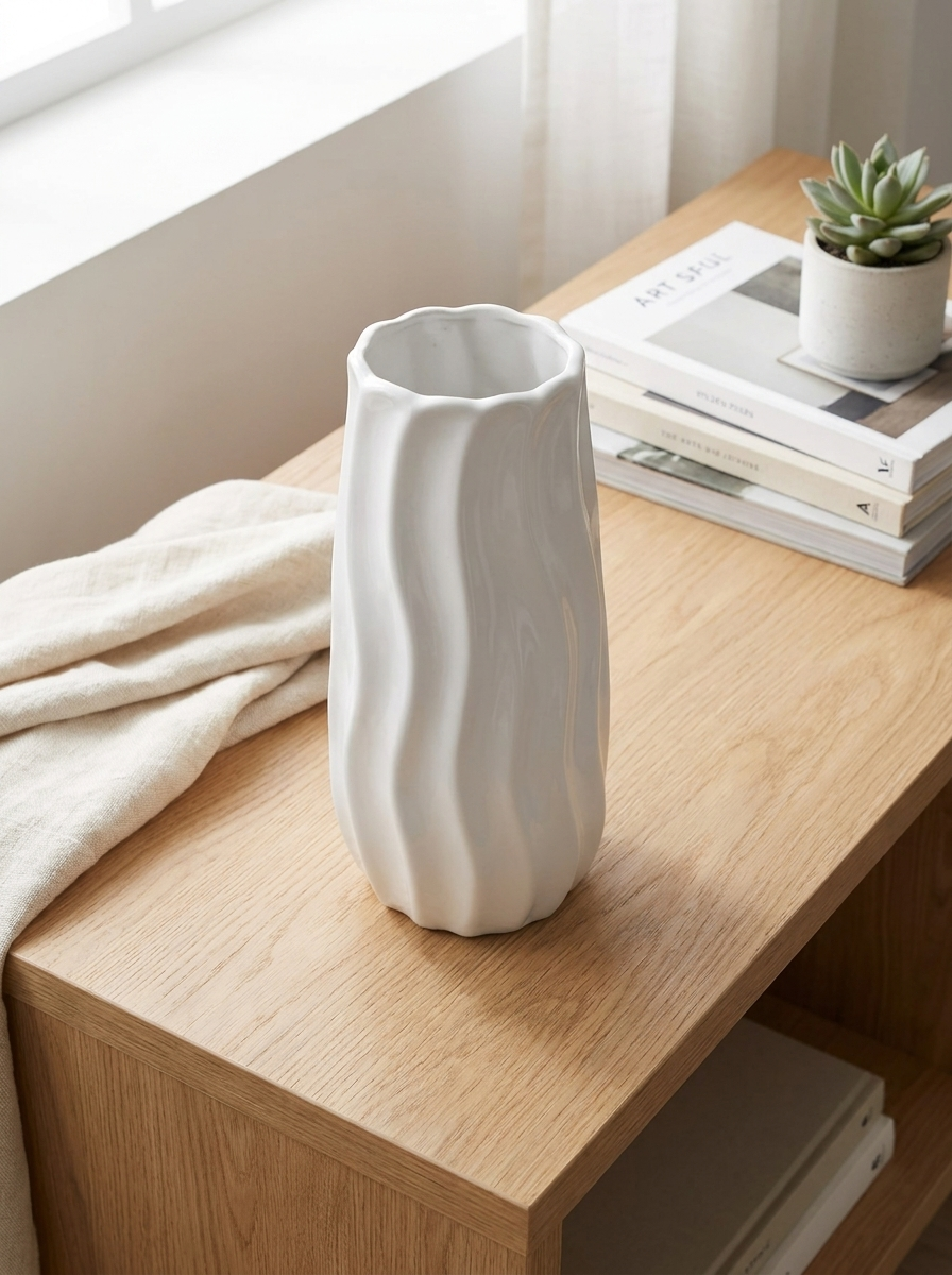 Modern White Ceramic Wave Texture Flower Vase | Aesthetic Spiral Ribbed Tabletop Vase for Home Decor