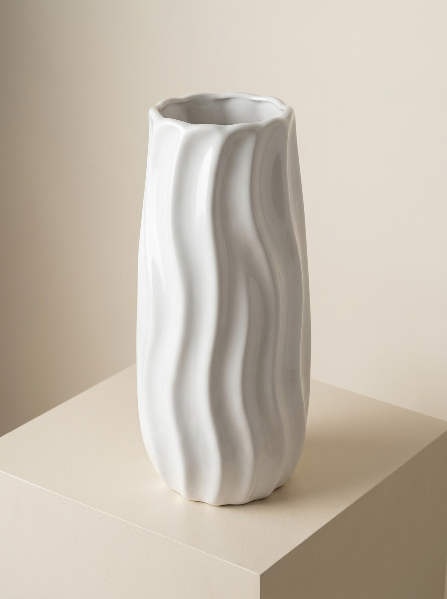 Modern White Ceramic Wave Texture Flower Vase | Aesthetic Spiral Ribbed Tabletop Vase for Home Decor