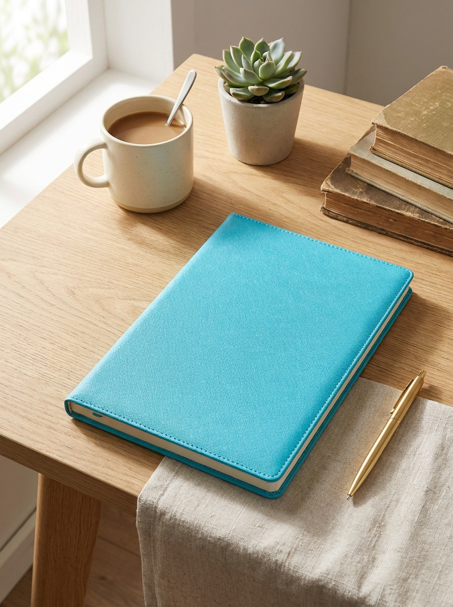 Modern Cyan Blue B5 Faux Leather Notebook | Lined Hardcover Executive Journal & Planner for Office, School & Home