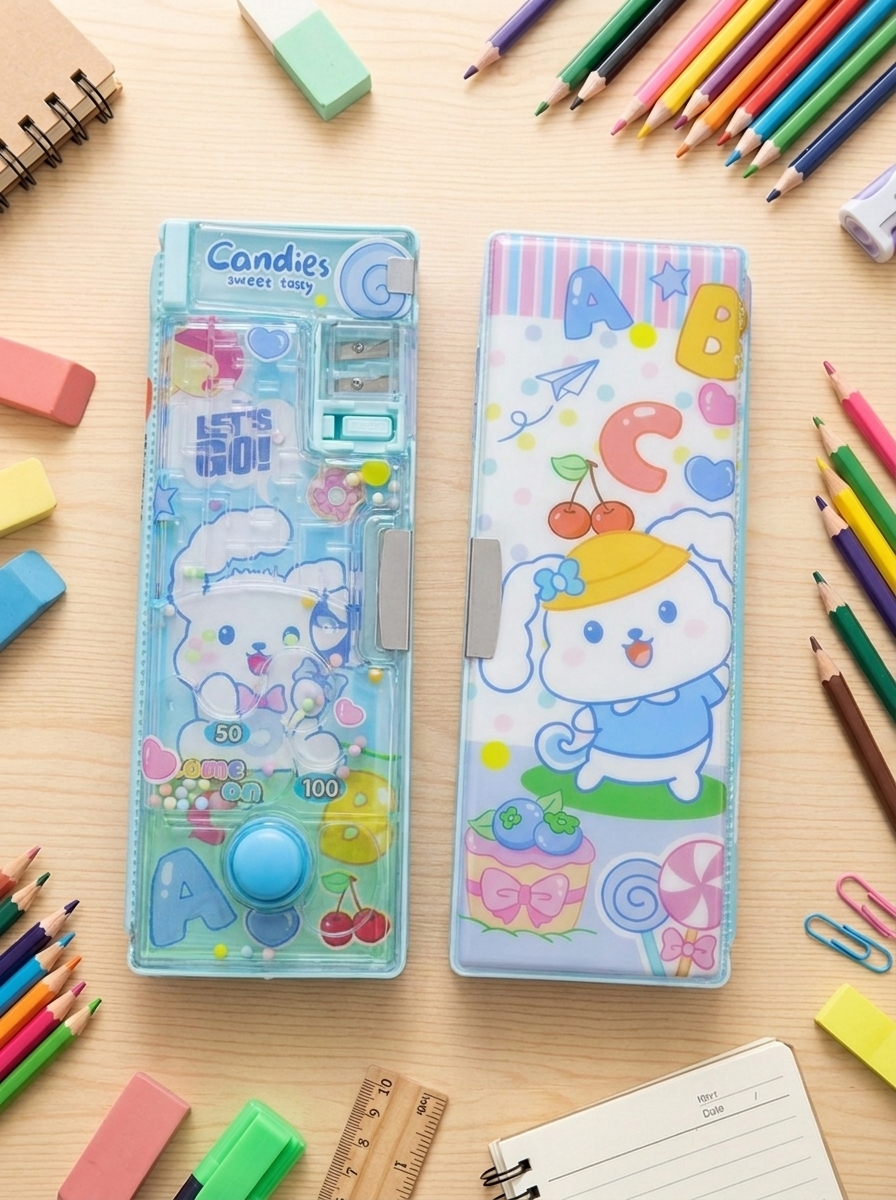 Multifunction Plastic Pencil Case with Built-in Pencil Sharpener & Pinball Game | Double-Sided Magnetic Pencil Box for Kids