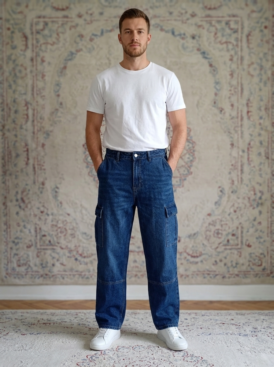 Men’s Relaxed Fit Denim Cargo Pants – Utility Wide-Leg Medium Wash Jeans
