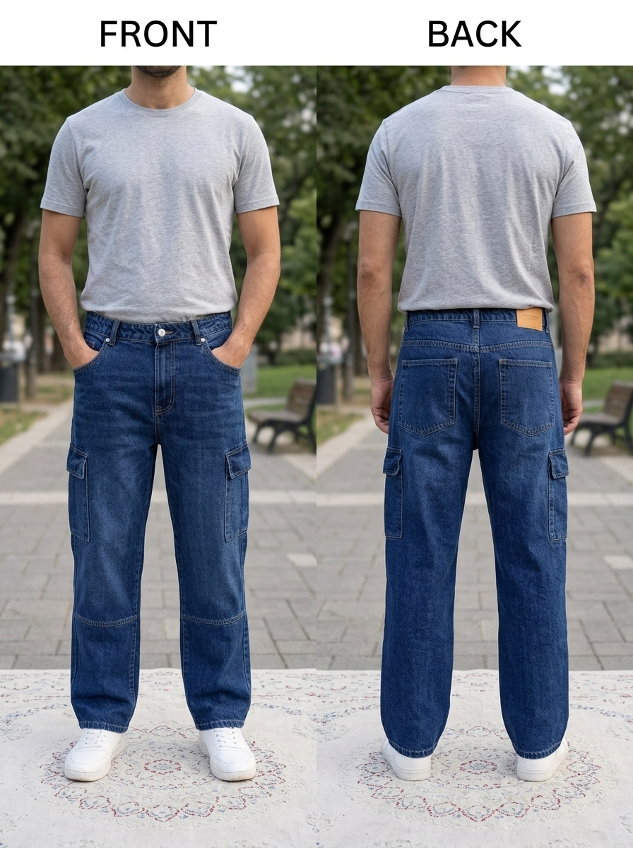 Men’s Relaxed Fit Denim Cargo Pants – Utility Wide-Leg Medium Wash Jeans