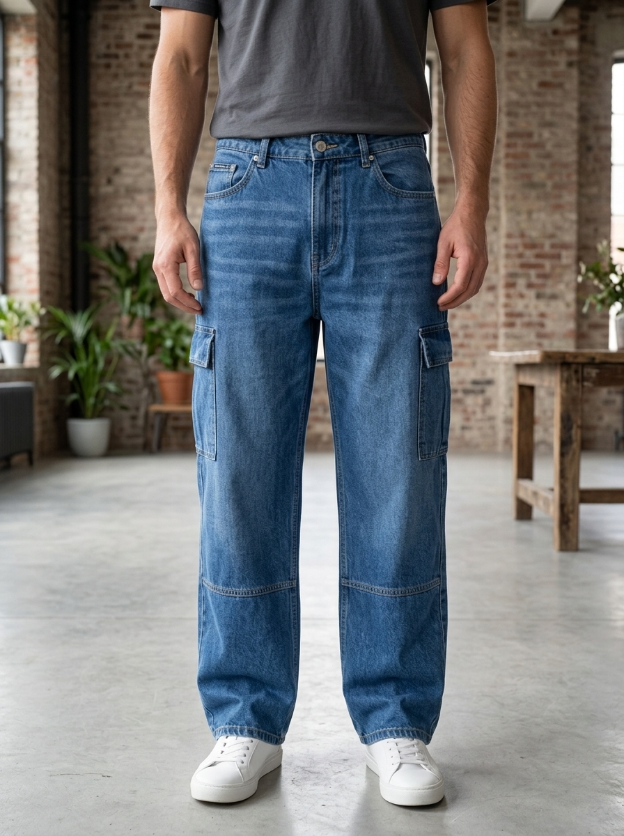 Men’s Relaxed Fit Denim Cargo Pants – Utility Wide-Leg Medium Wash Jeans