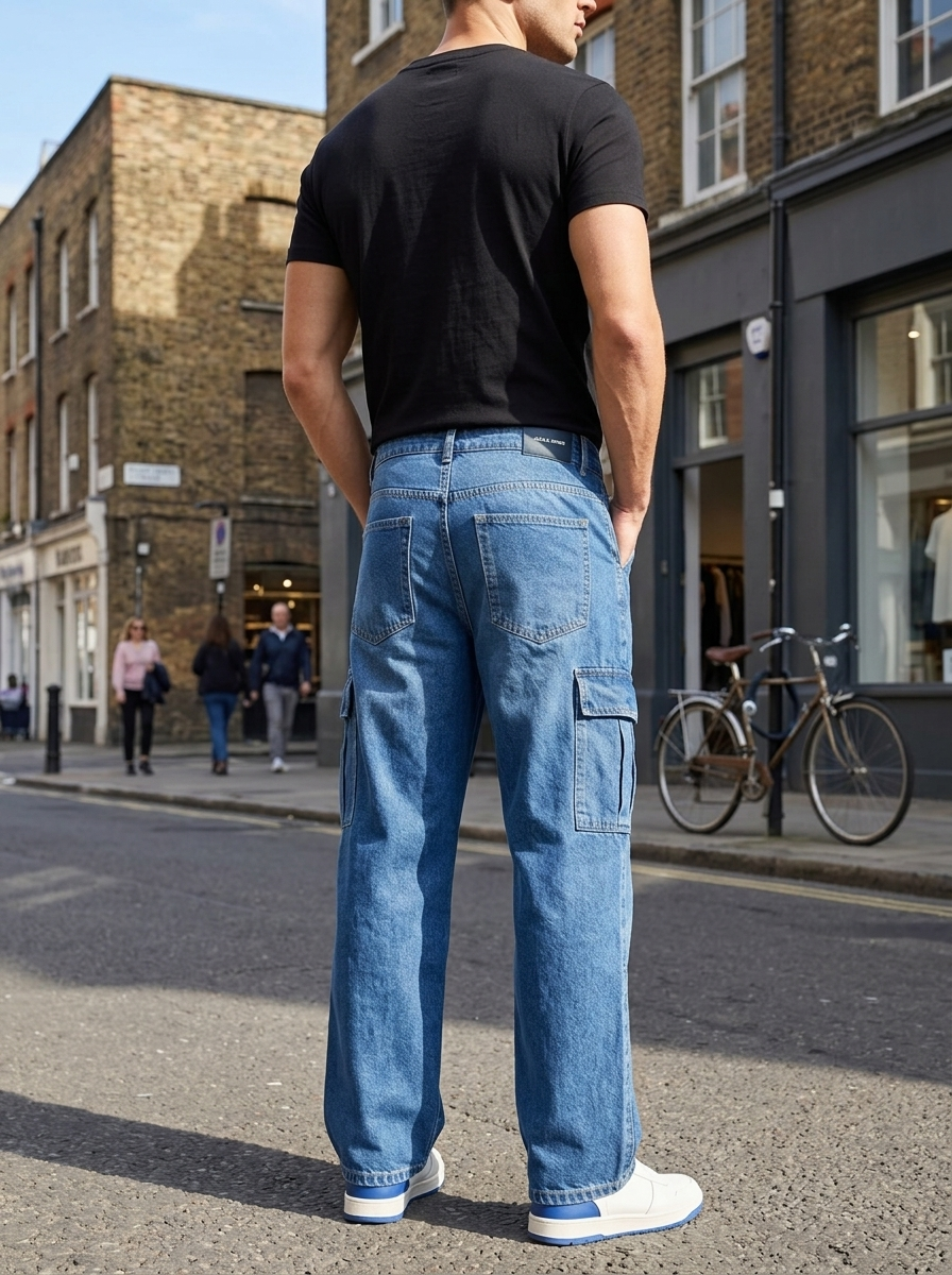 Men’s Relaxed Fit Denim Cargo Pants – Utility Wide-Leg Medium Wash Jeans