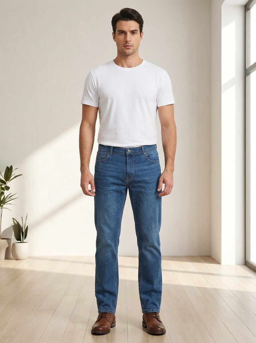 Men’s Regular Straight Fit Medium Wash Denim Jeans – Classic 5-Pocket Cotton Jeans