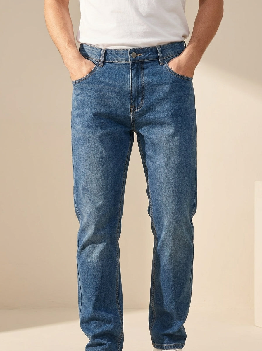 Men’s Regular Straight Fit Medium Wash Denim Jeans – Classic 5-Pocket Cotton Jeans