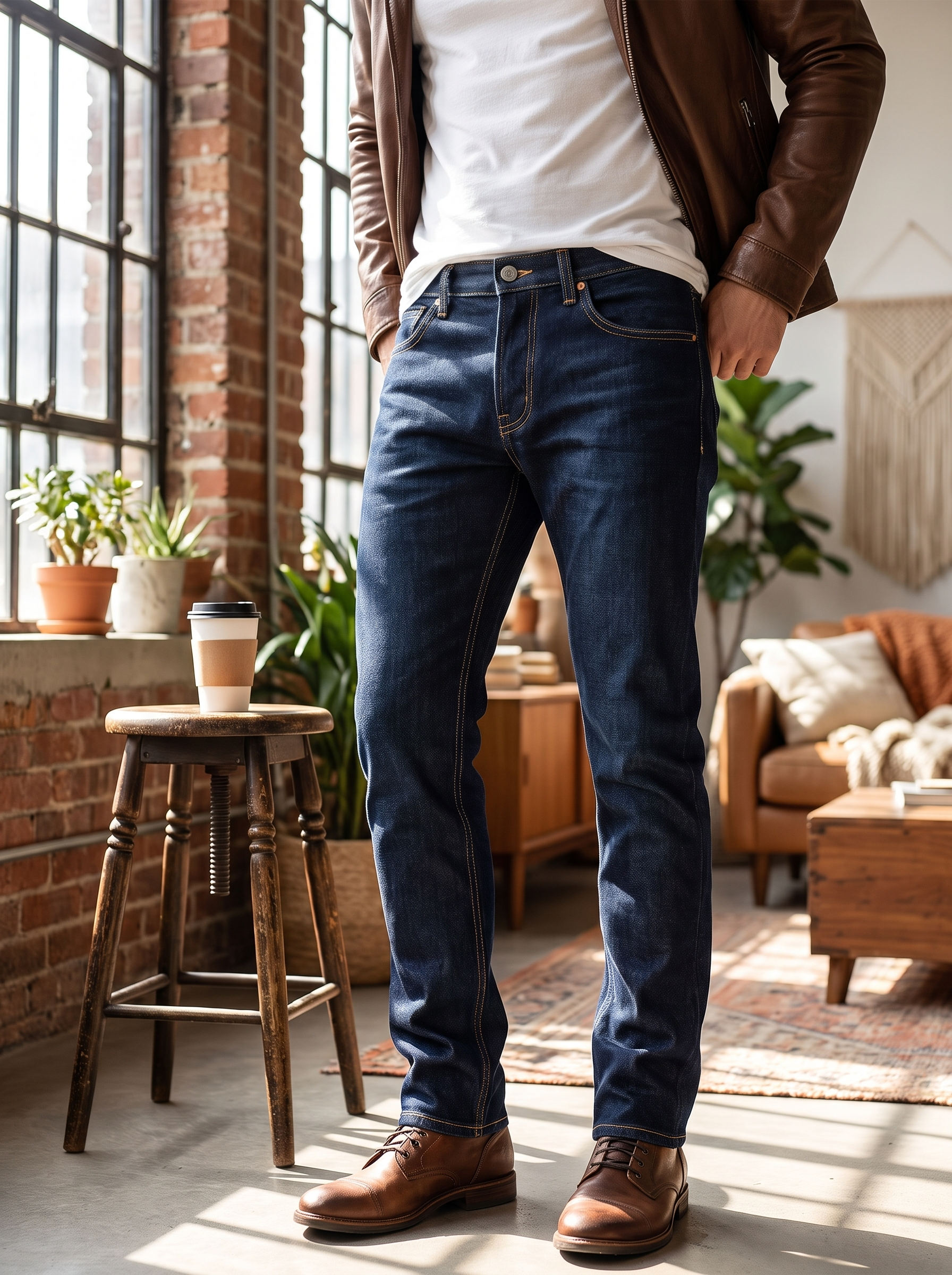 جينز رجالي بقصة مستقيمة (Regular Straight Fit) – بنطال دنيم قطني كلاسيكي بخمسة جيوب