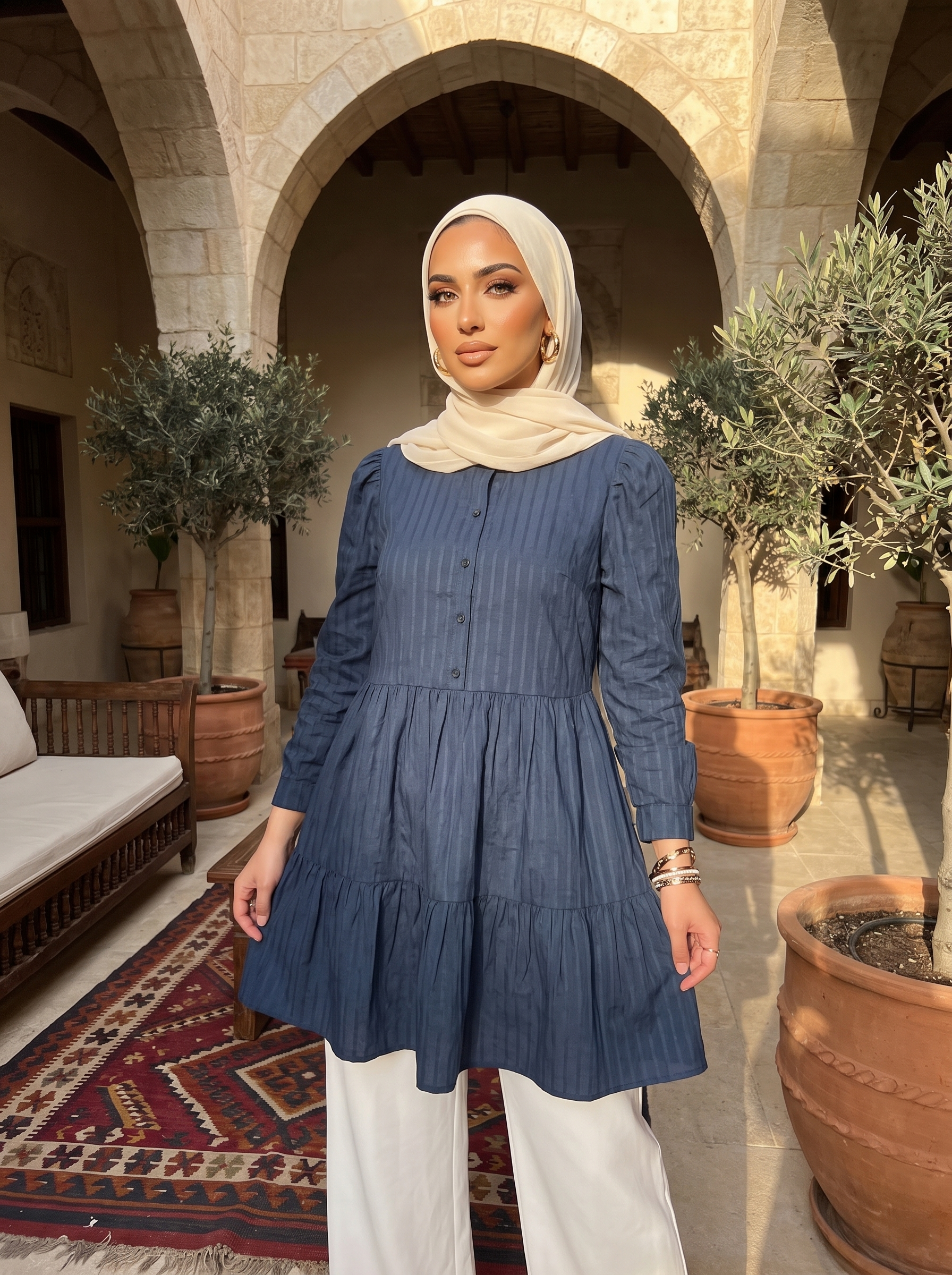 Women’s Tiered Cotton Shirt Dress – Navy Blue Short Sleeve Button-Down Mini Dress