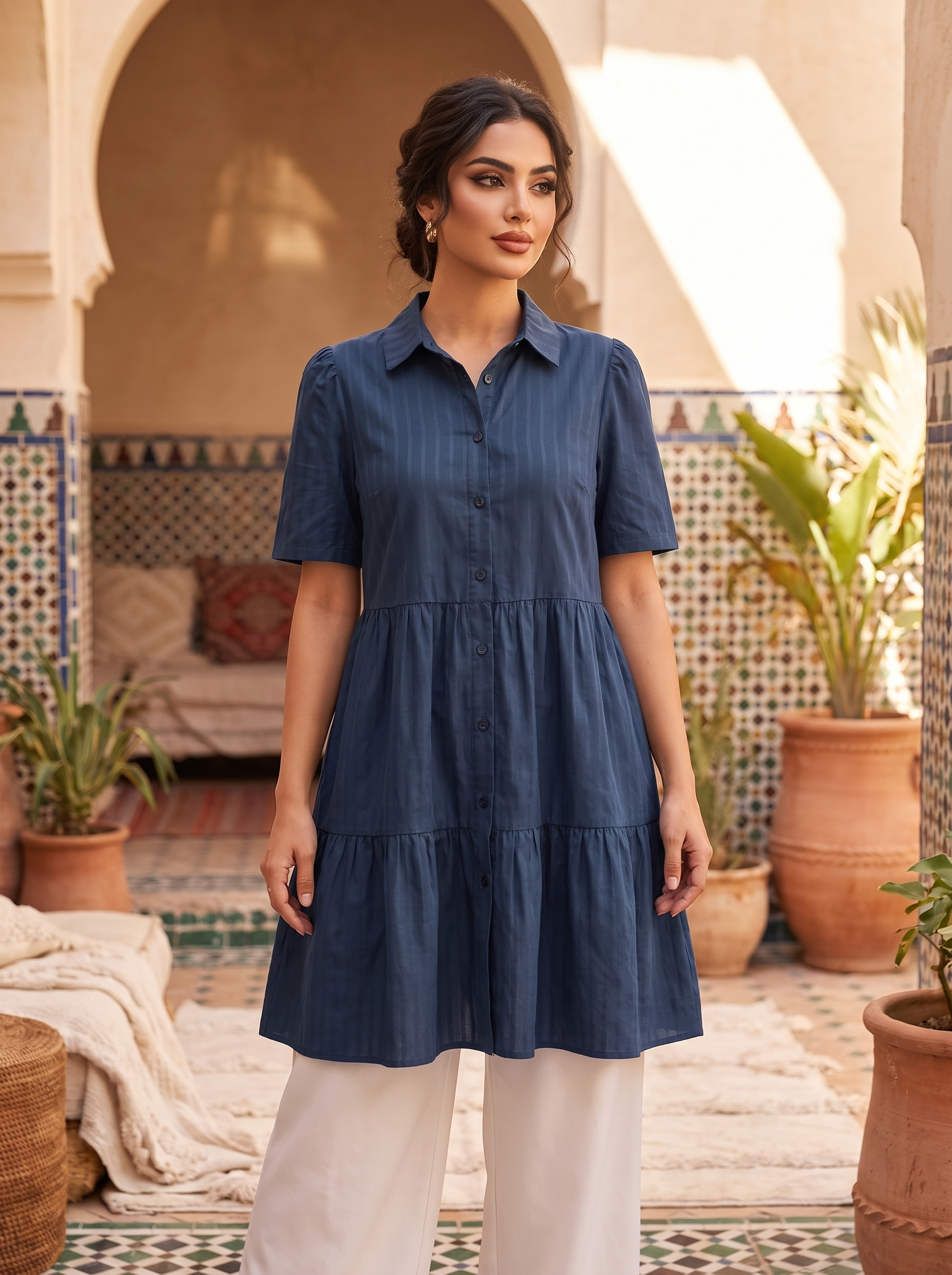 Women’s Tiered Cotton Shirt Dress – Navy Blue Short Sleeve Button-Down Mini Dress