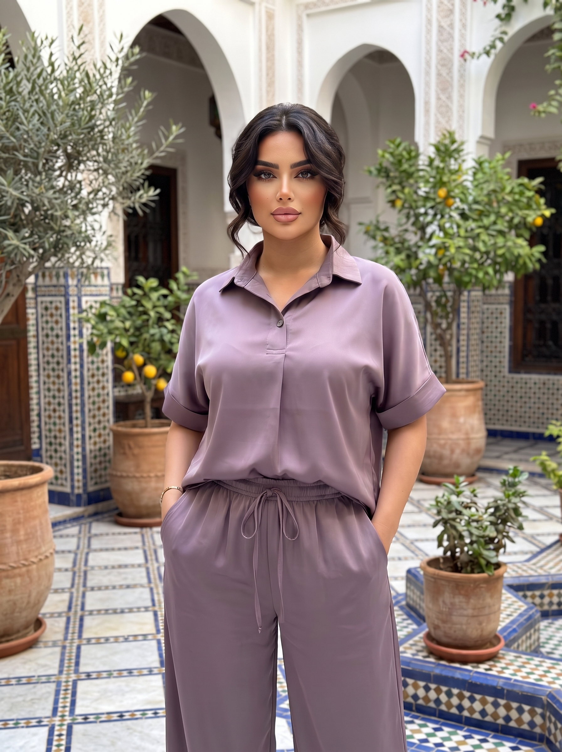 Women's Satin Two Piece Co-Ord Set – Short Sleeve Collared Top & Wide Leg Drawstring Pants | Elegant Casual Lounge Wear