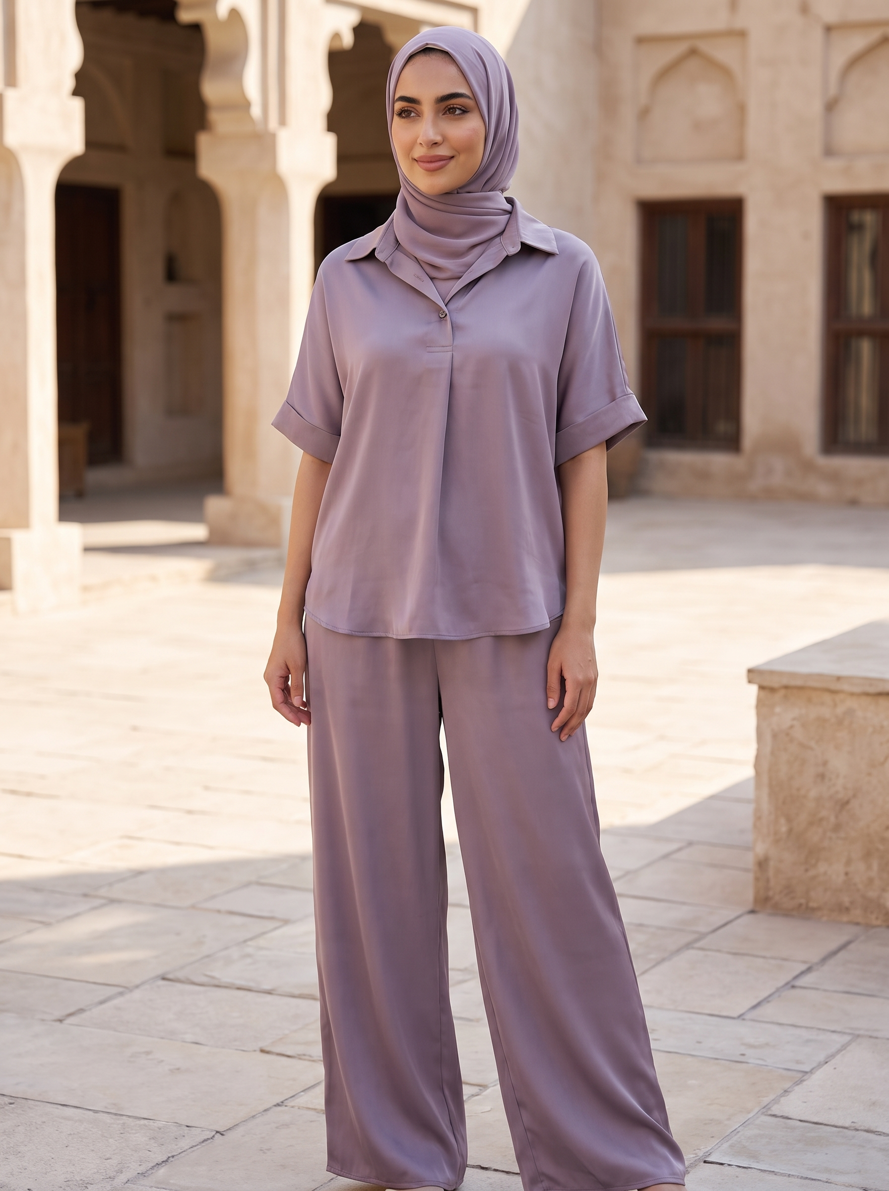 Women's Satin Two Piece Co-Ord Set – Short Sleeve Collared Top & Wide Leg Drawstring Pants | Elegant Casual Lounge Wear