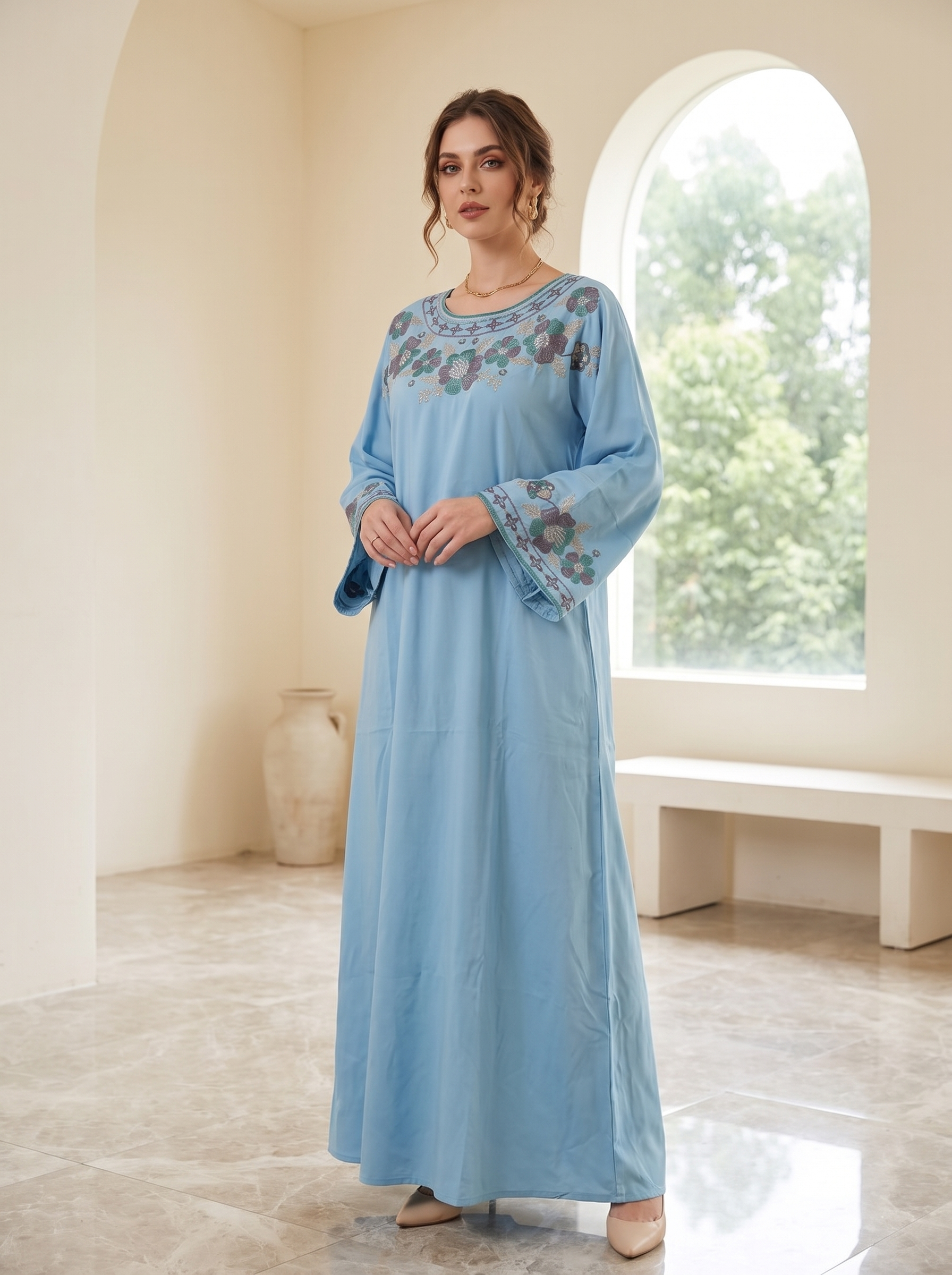 Women's Embroidered Maxi Kaftan Dress – Modest Long Sleeve Floral Abaya Dress