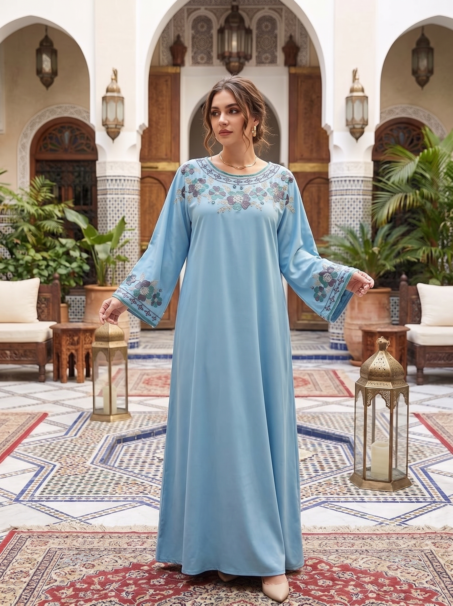 Women's Embroidered Maxi Kaftan Dress – Modest Long Sleeve Floral Abaya Dress