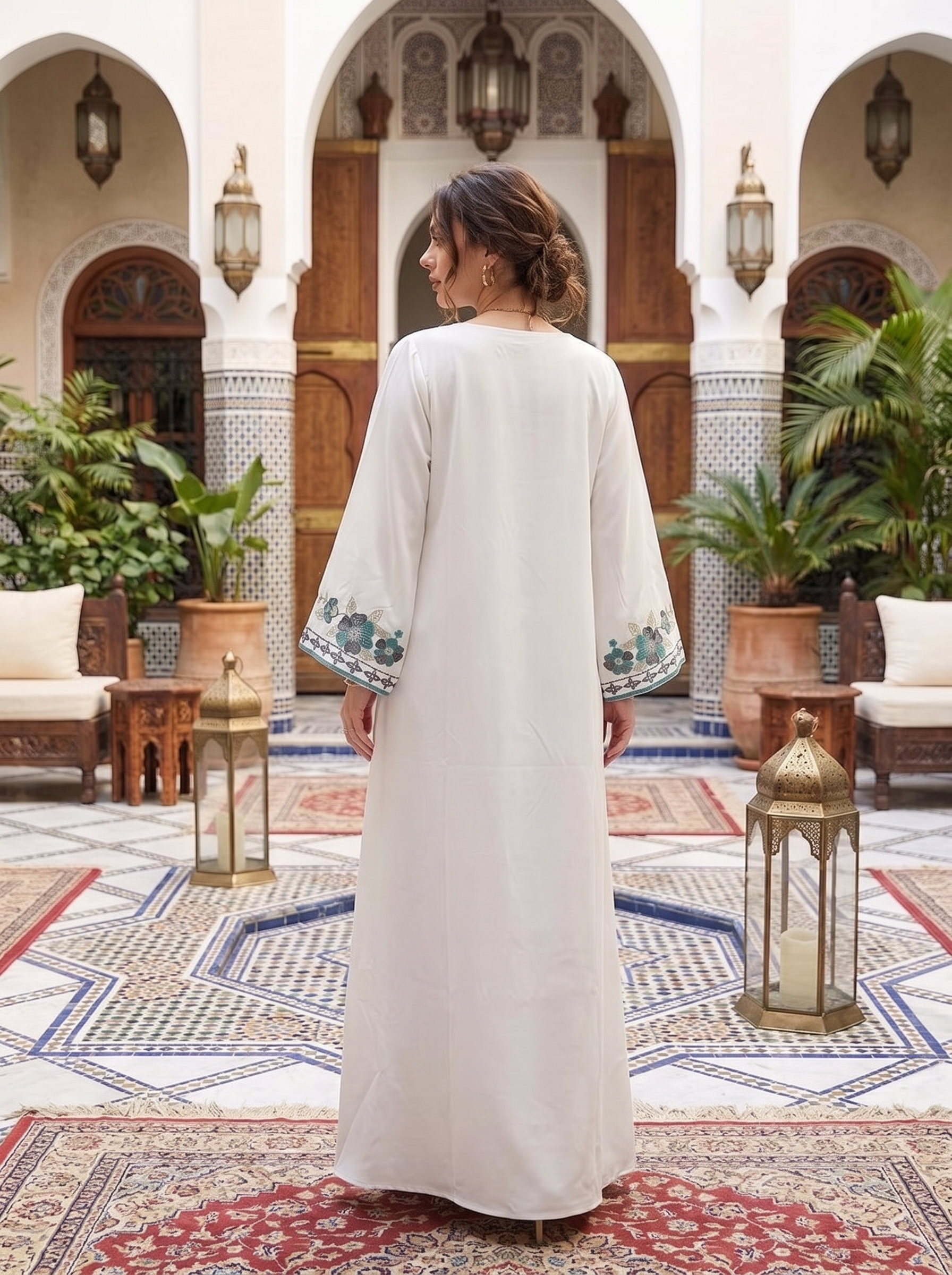 Women's Embroidered Maxi Kaftan Dress – Modest Long Sleeve Floral Abaya Dress