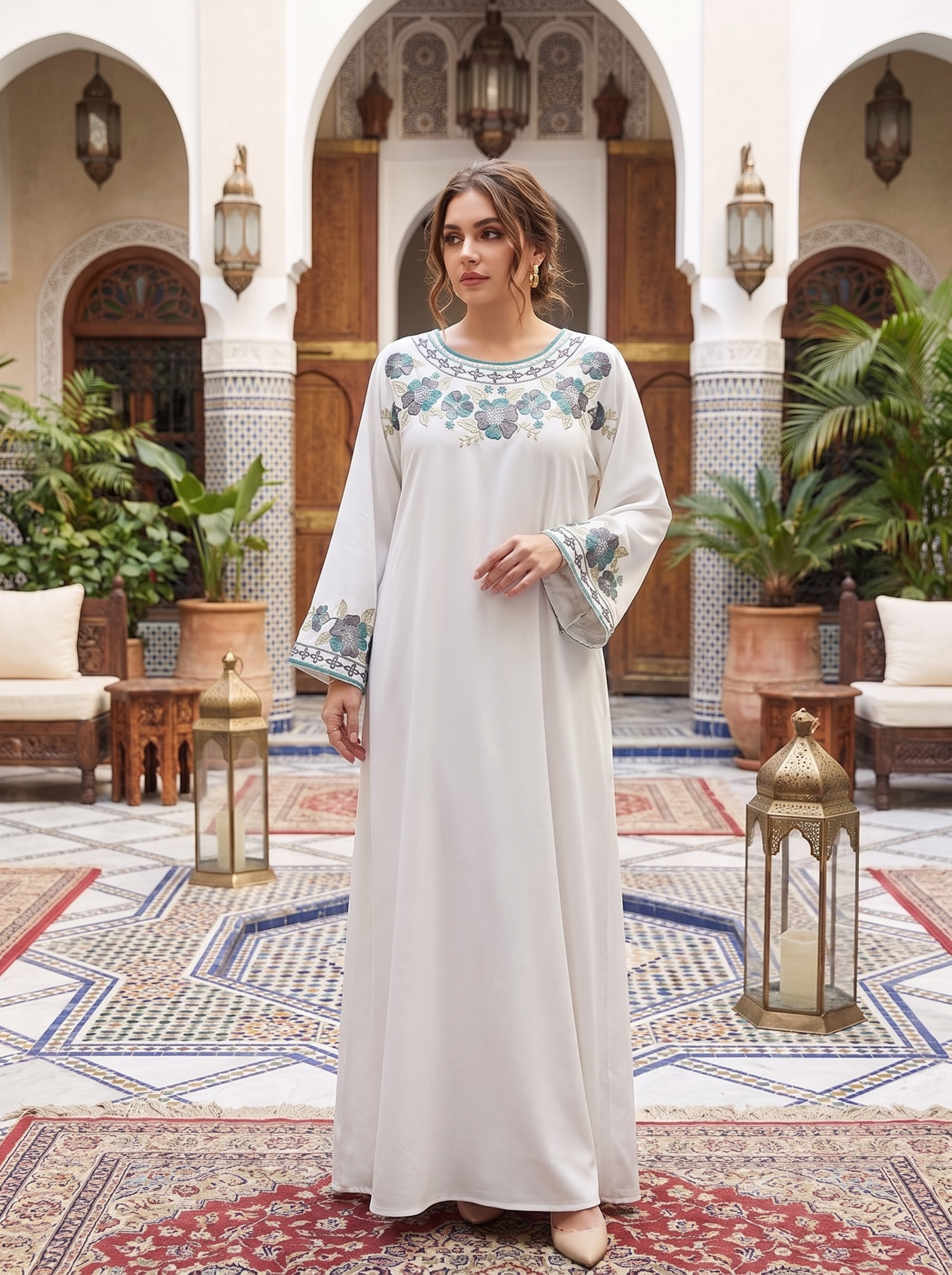 Women's Embroidered Maxi Kaftan Dress – Modest Long Sleeve Floral Abay – FineLook