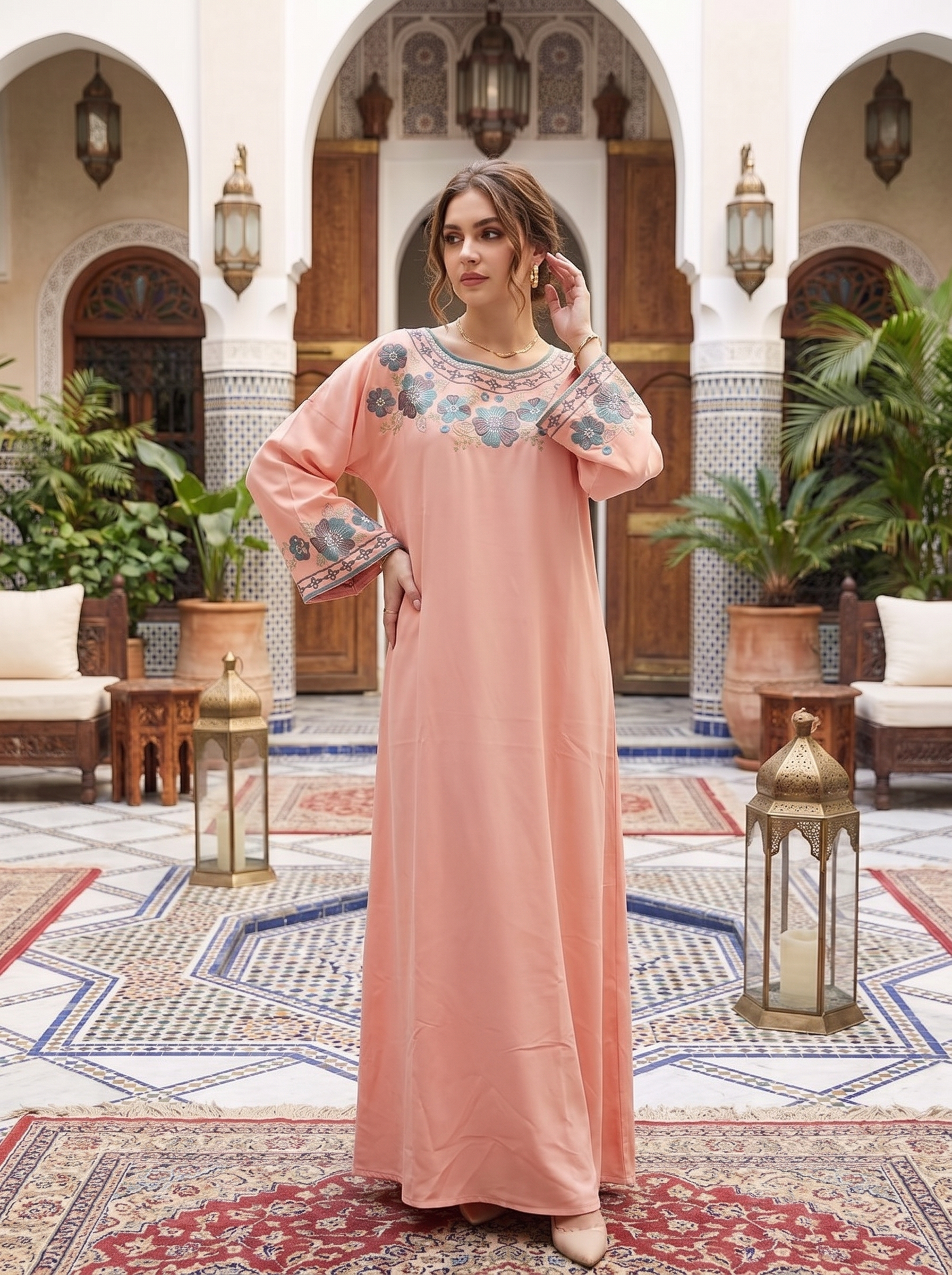 Women's Embroidered Maxi Kaftan Dress – Modest Long Sleeve Floral Abaya Dress
