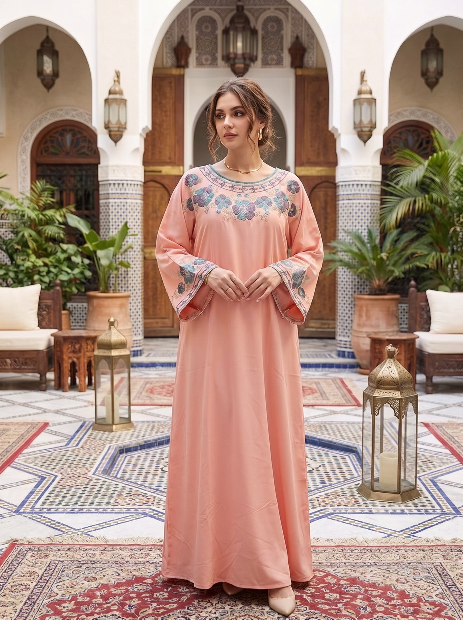 Women's Embroidered Maxi Kaftan Dress – Modest Long Sleeve Floral Abay – FineLook