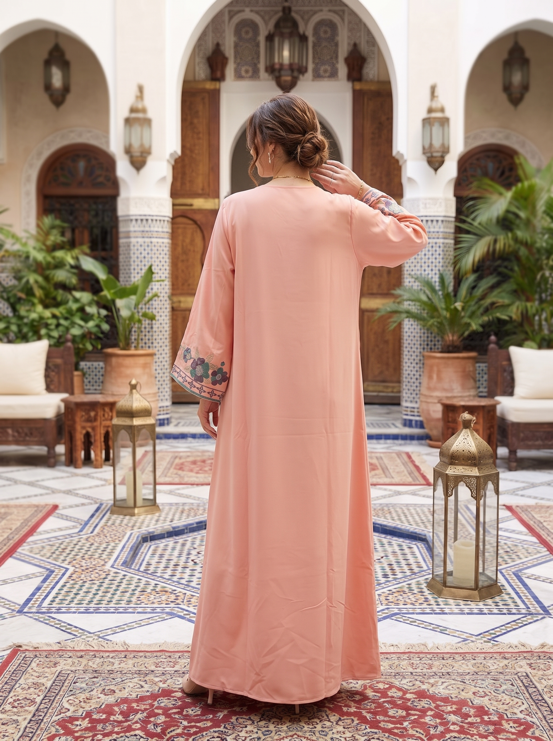 Women's Embroidered Maxi Kaftan Dress – Modest Long Sleeve Floral Abaya Dress