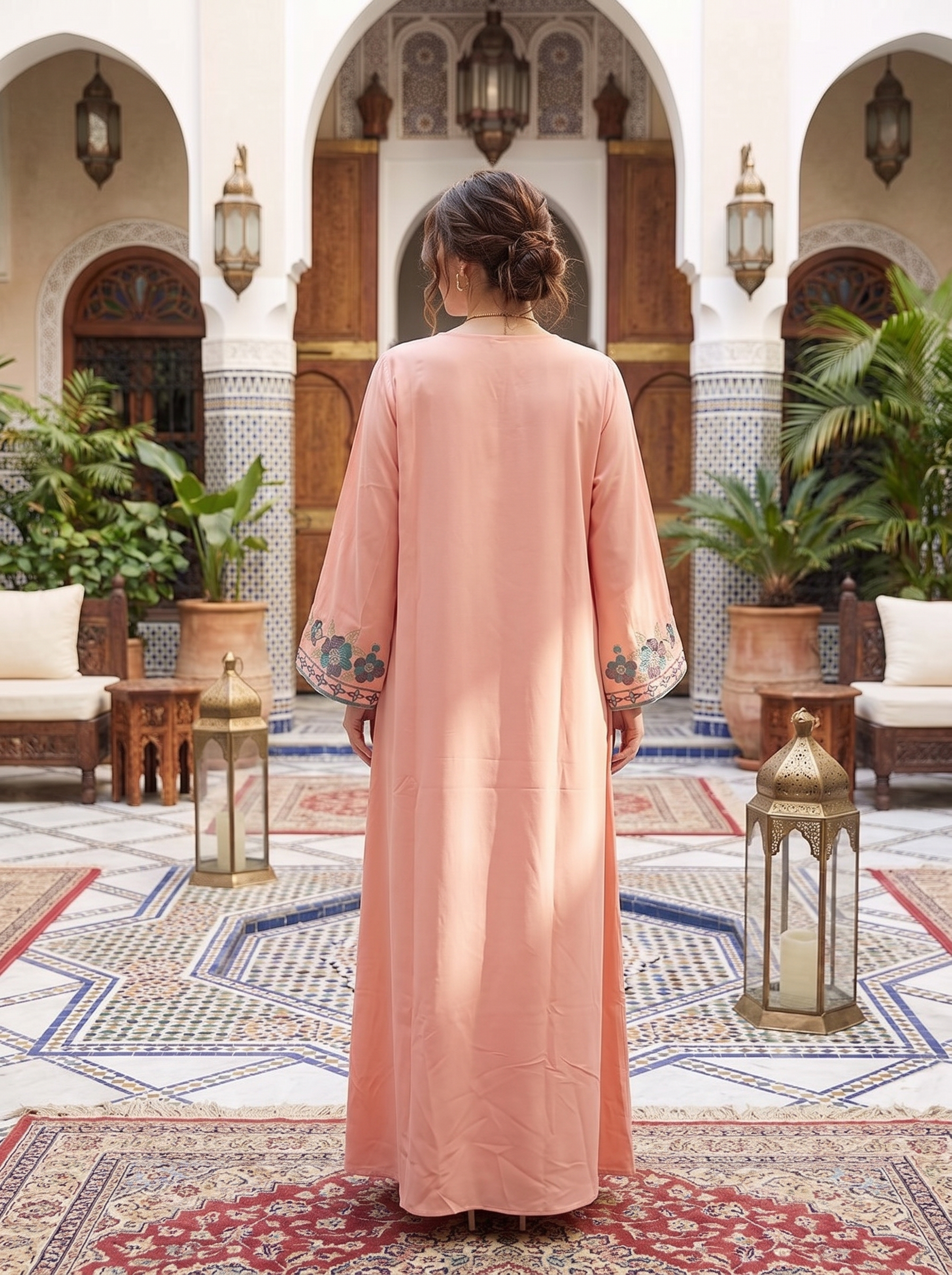 Women's Embroidered Maxi Kaftan Dress – Modest Long Sleeve Floral Abaya Dress