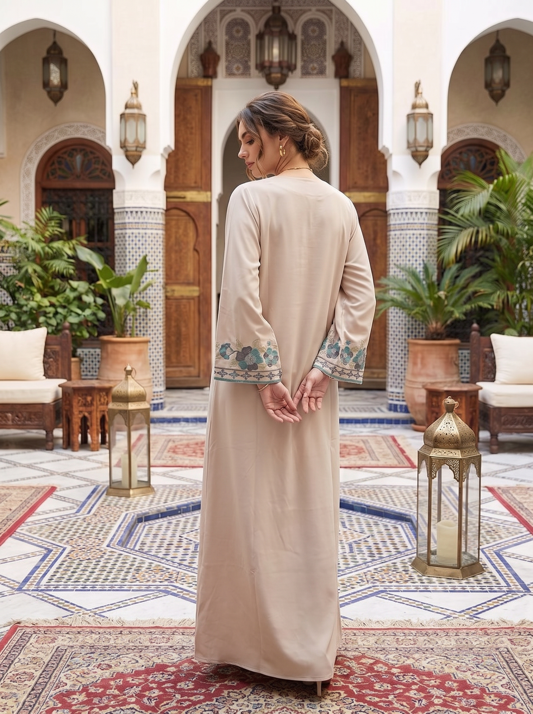 Women's Embroidered Maxi Kaftan Dress – Modest Long Sleeve Floral Abaya Dress