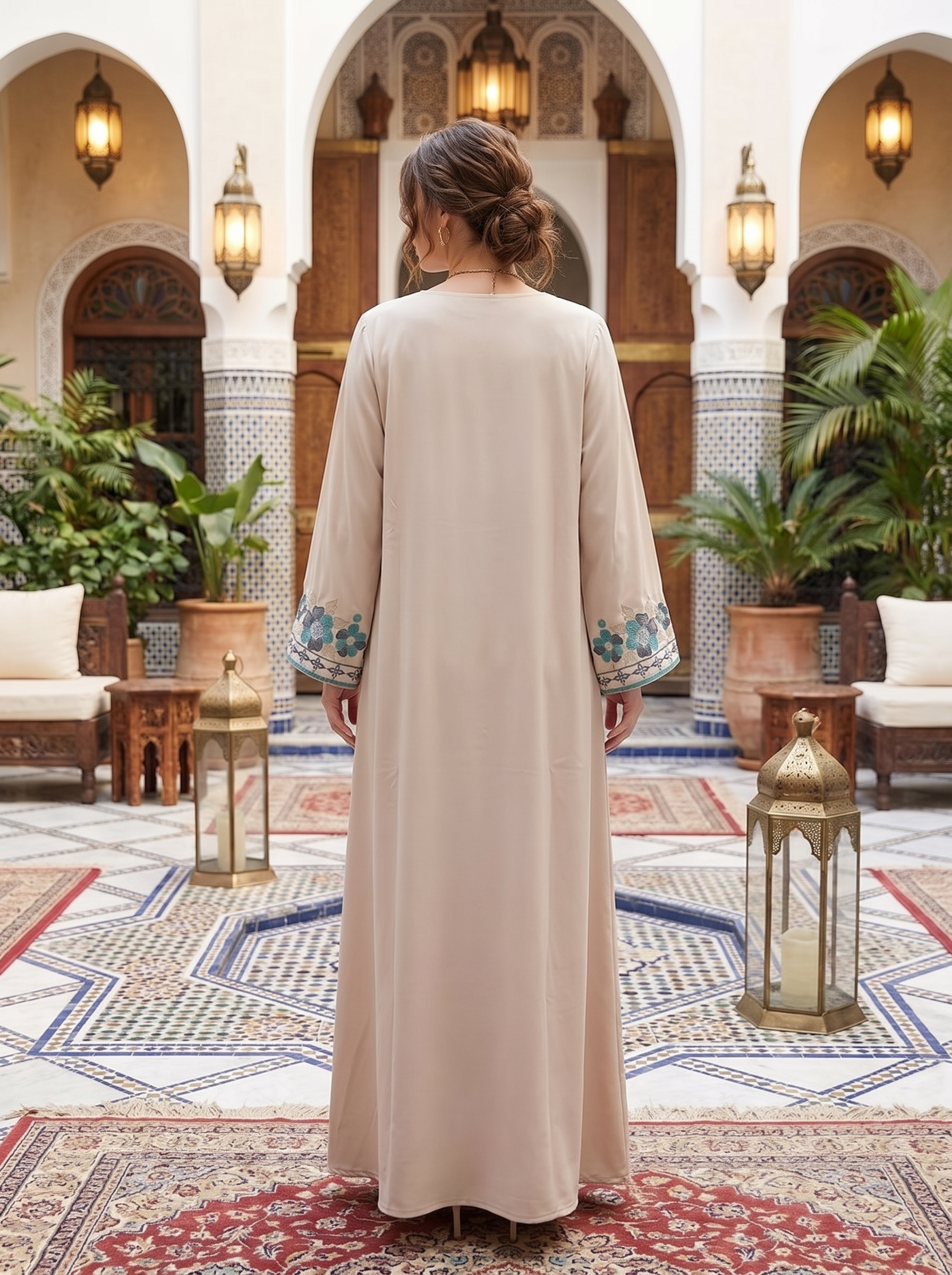 Women's Embroidered Maxi Kaftan Dress – Modest Long Sleeve Floral Abaya Dress