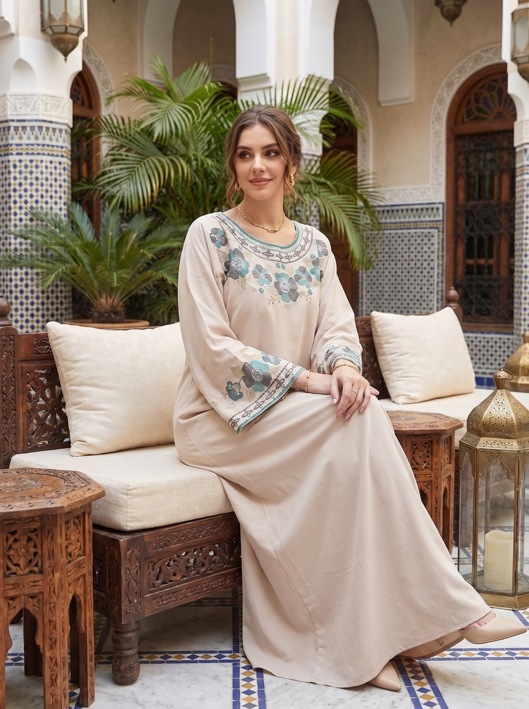 Women's Embroidered Maxi Kaftan Dress – Modest Long Sleeve Floral Abaya Dress