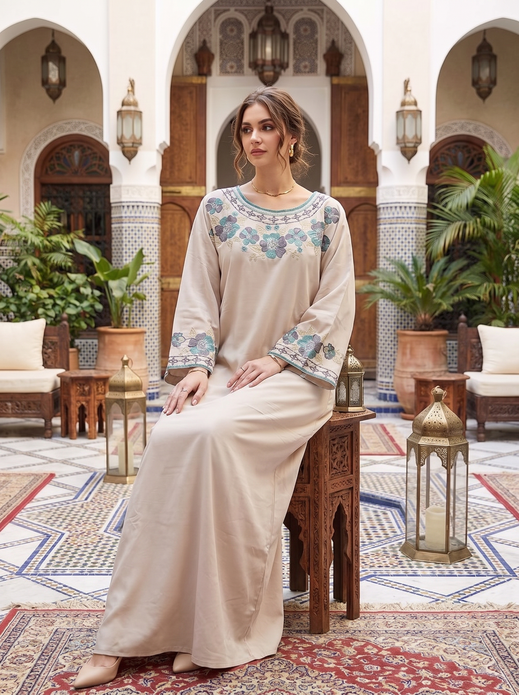 Women's Embroidered Maxi Kaftan Dress – Modest Long Sleeve Floral Abaya Dress
