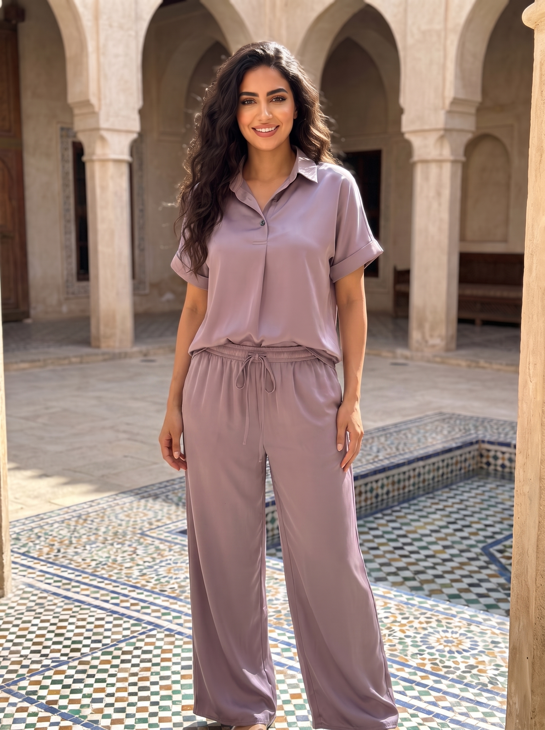 Women's Satin Two Piece Co-Ord Set – Short Sleeve Collared Top & Wide Leg Drawstring Pants | Elegant Casual Lounge Wear