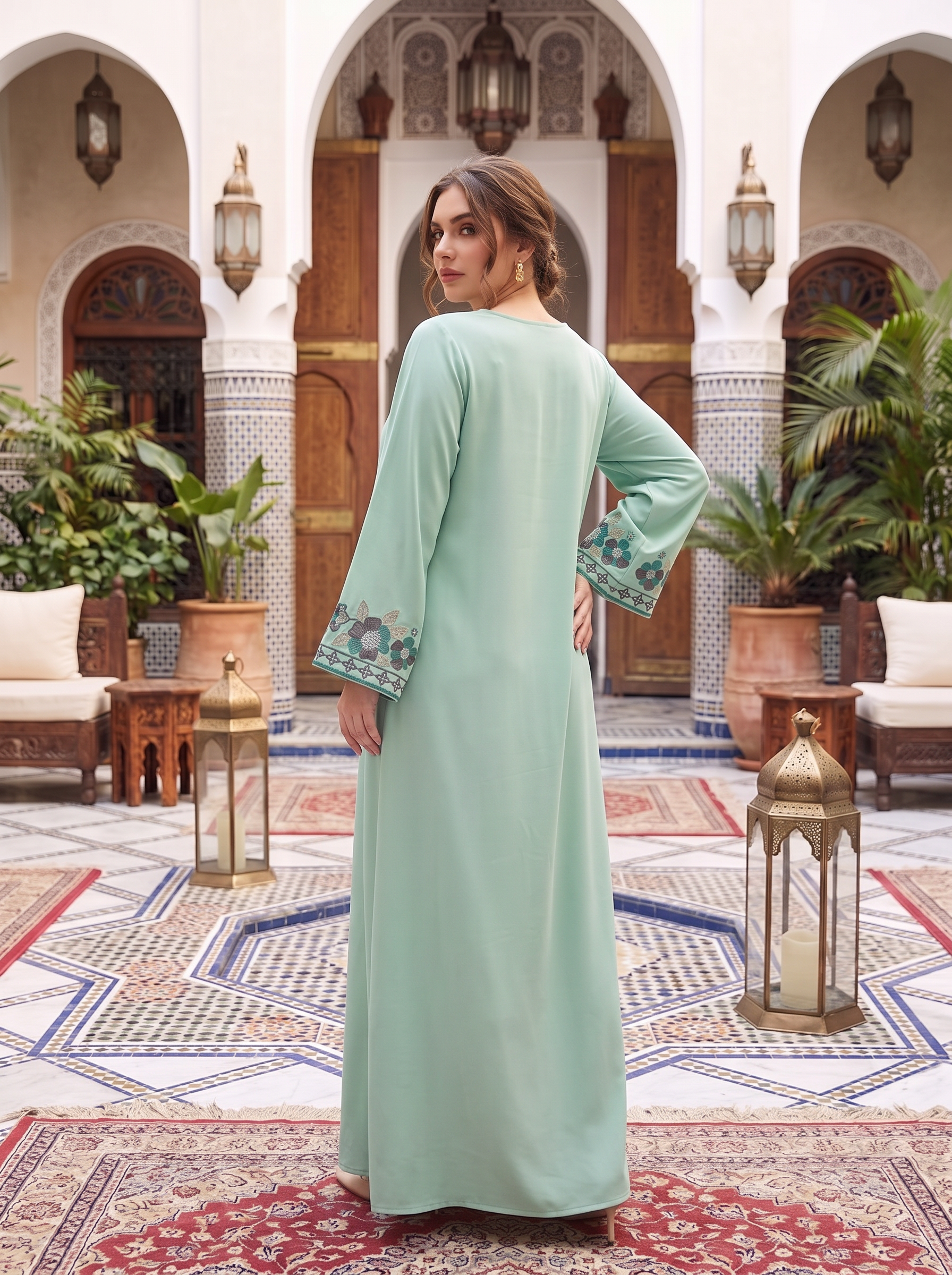 Women's Embroidered Maxi Kaftan Dress – Modest Long Sleeve Floral Abaya Dress