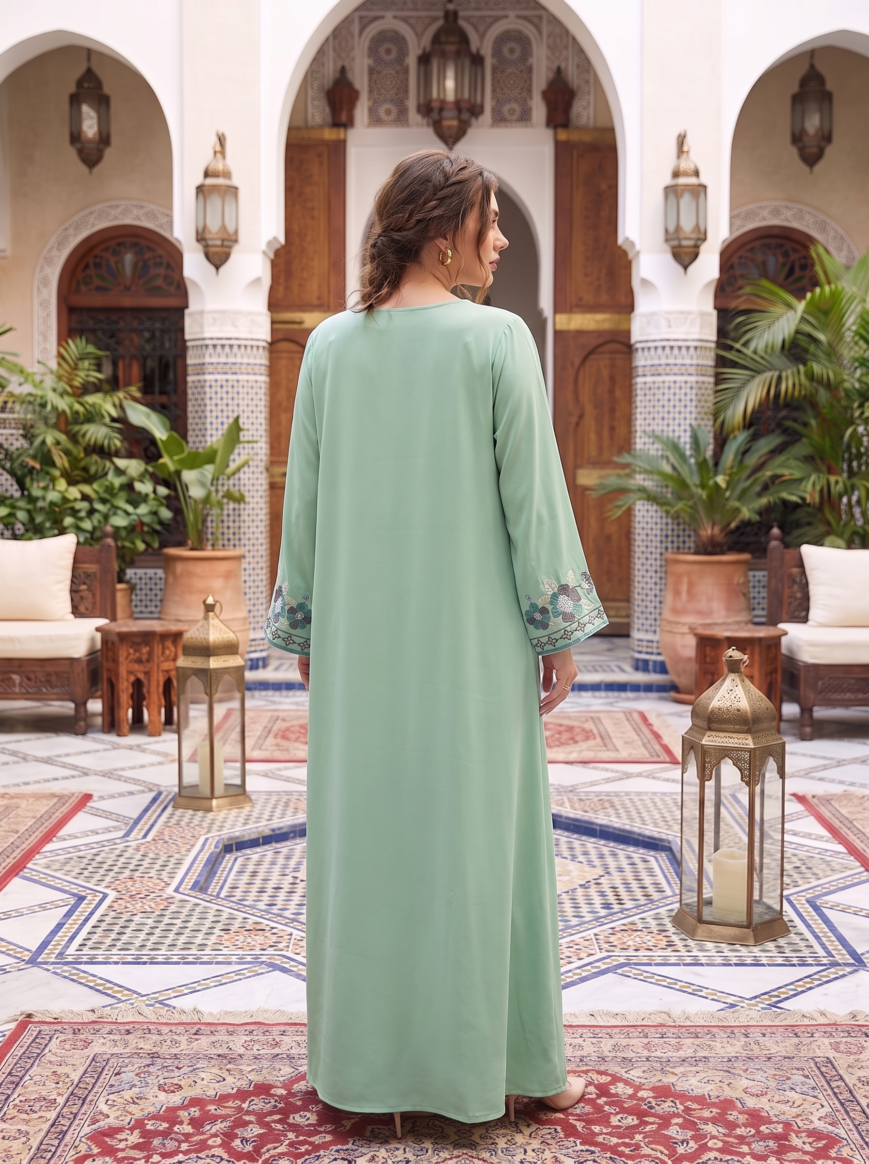 Women's Embroidered Maxi Kaftan Dress – Modest Long Sleeve Floral Abaya Dress