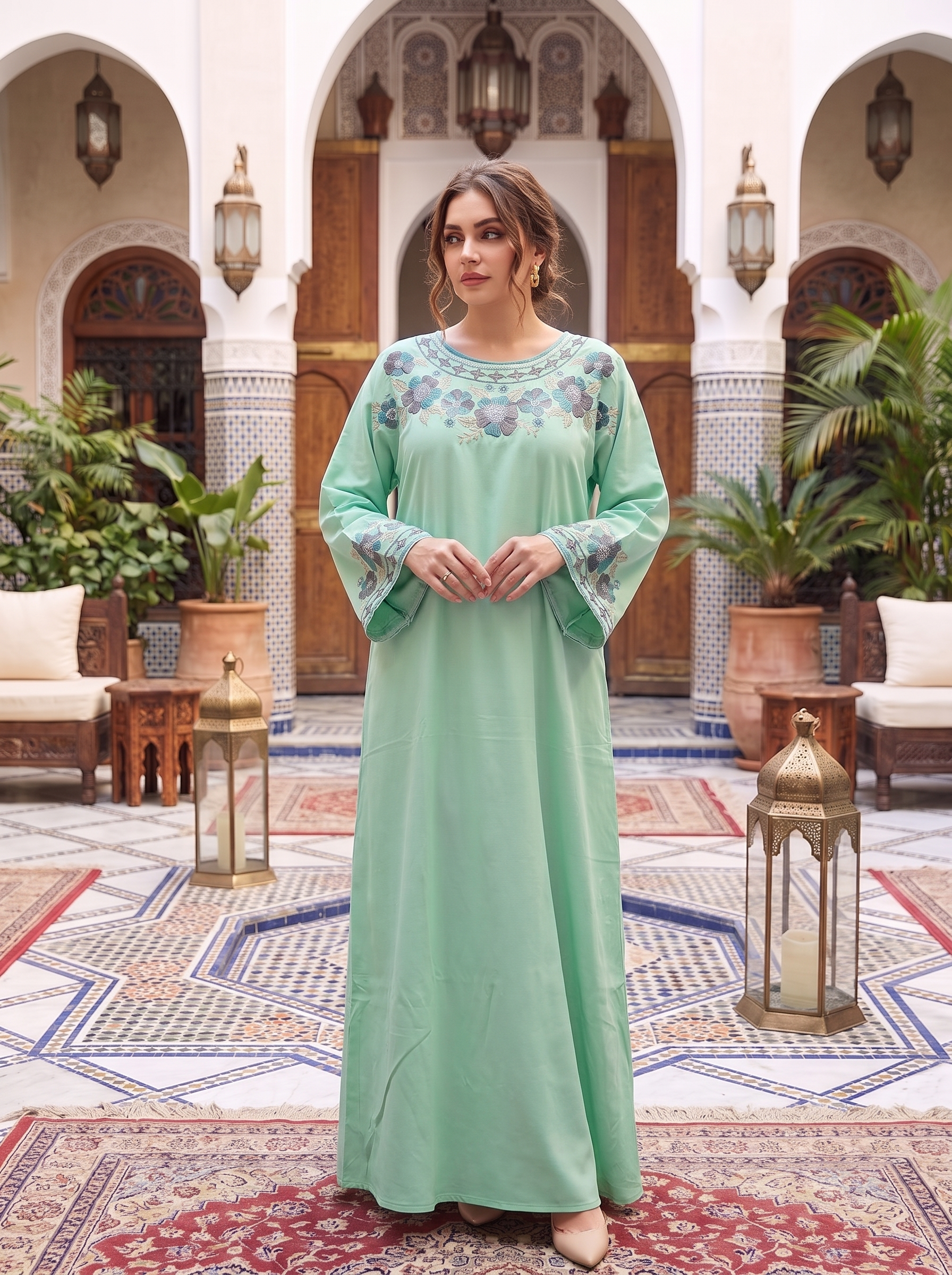 Women's Embroidered Maxi Kaftan Dress – Modest Long Sleeve Floral Abaya Dress