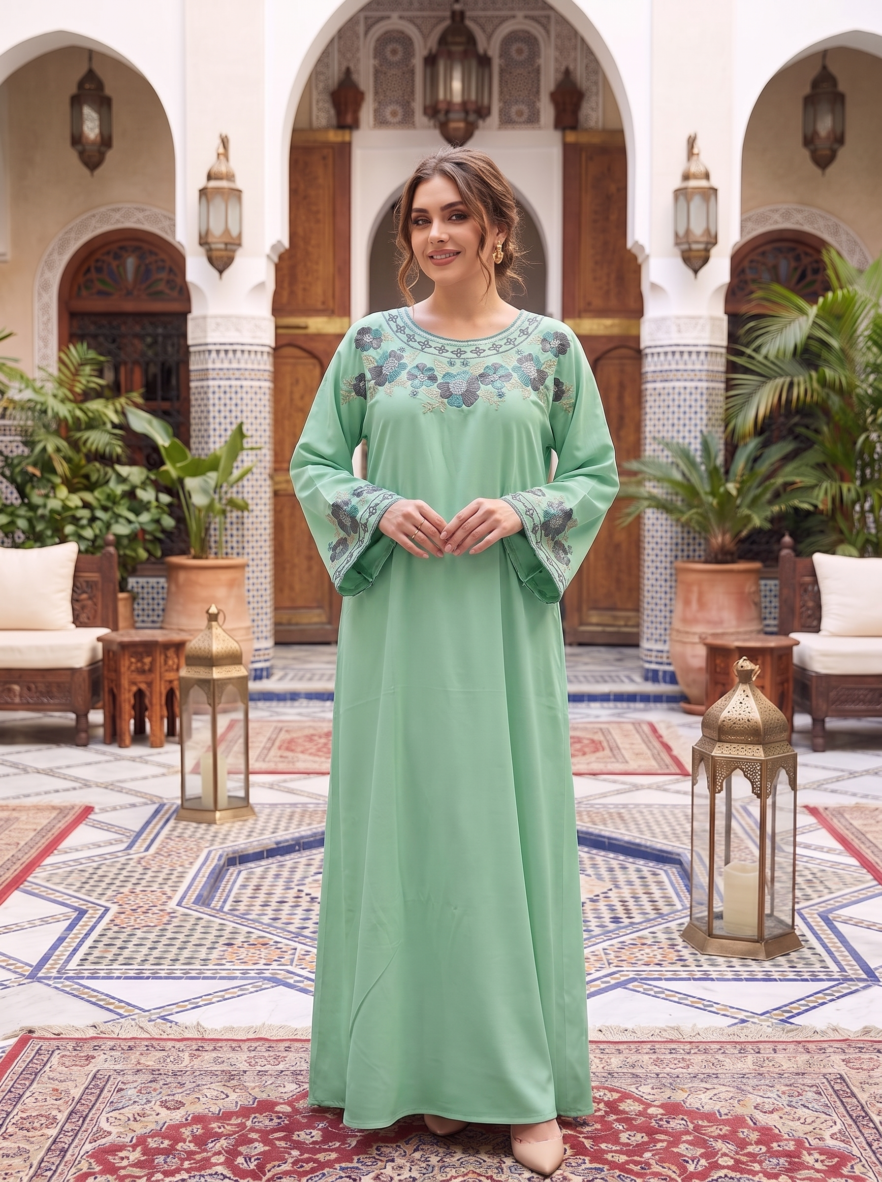 Women's Embroidered Maxi Kaftan Dress – Modest Long Sleeve Floral Abaya Dress