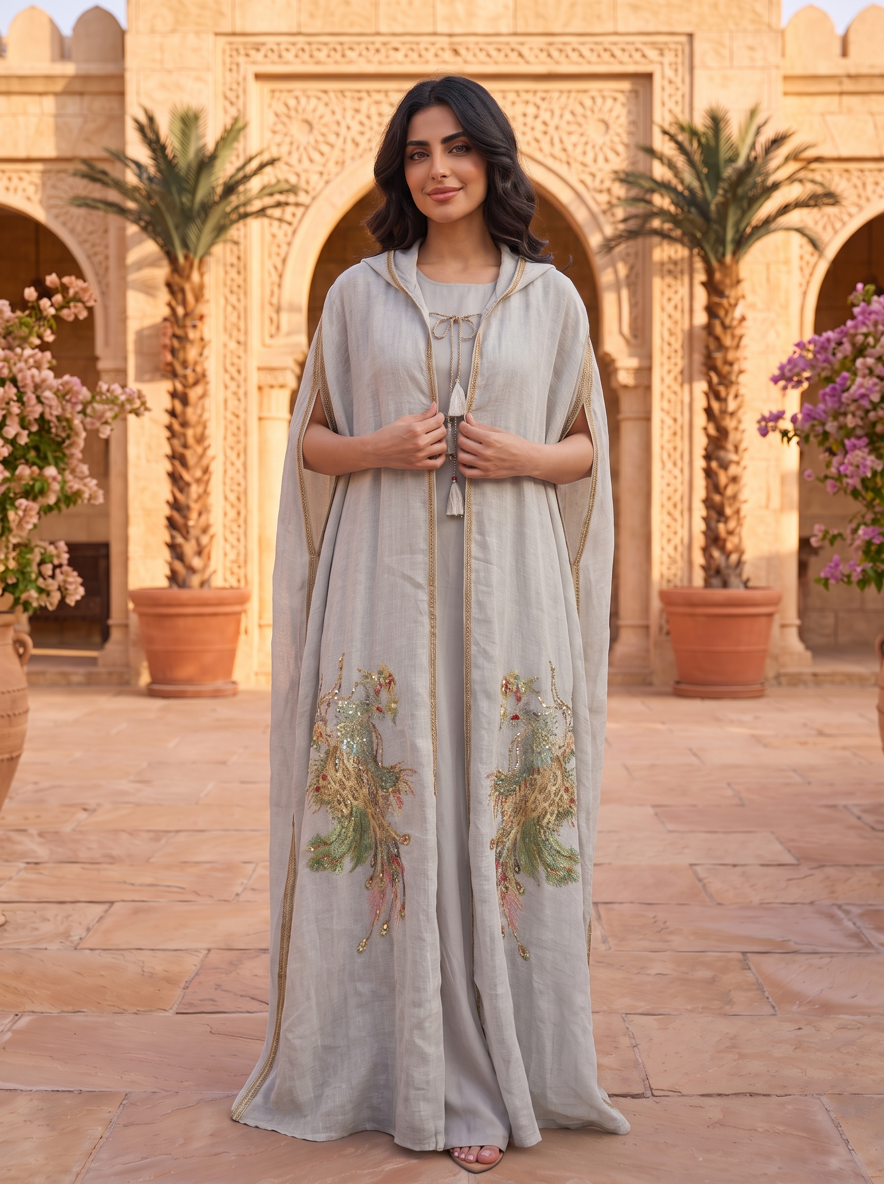 Peacock Embroidered Hooded Cape Abaya with Inner Dress | 2-Piece Luxury Modest Set