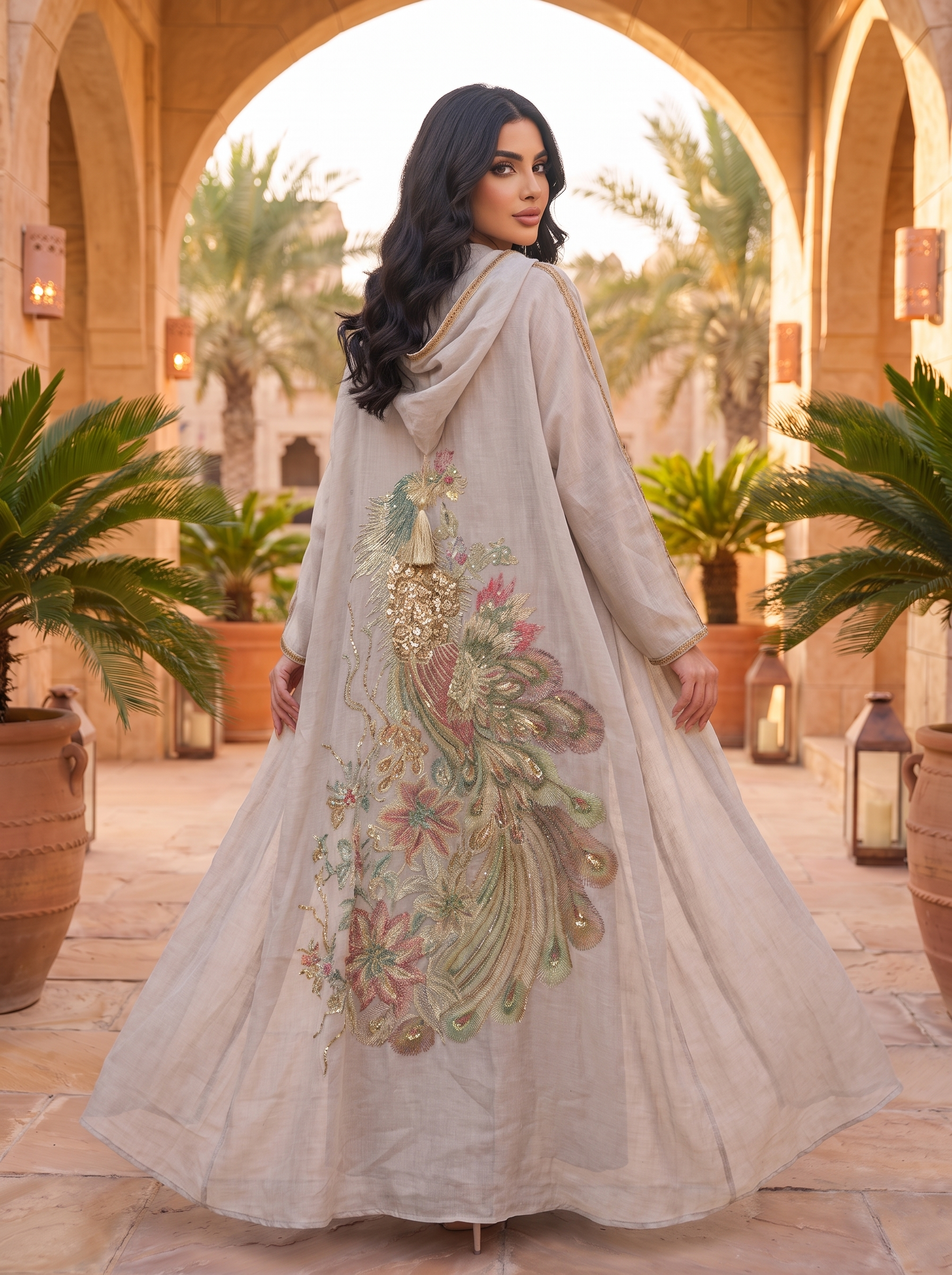 Peacock Embroidered Hooded Cape Abaya with Inner Dress | 2-Piece Luxury Modest Set