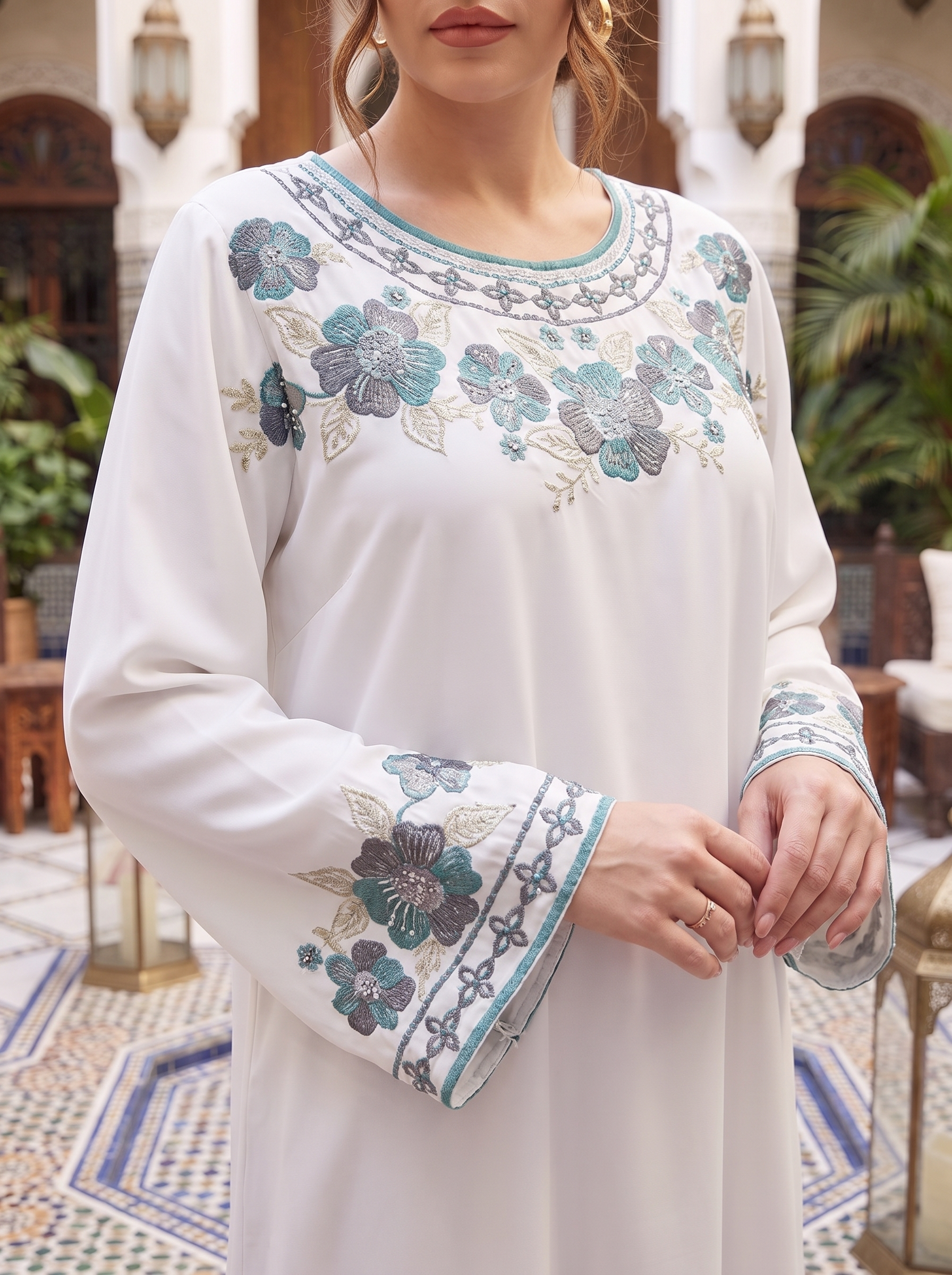 Women's Embroidered Maxi Kaftan Dress – Modest Long Sleeve Floral Abaya Dress