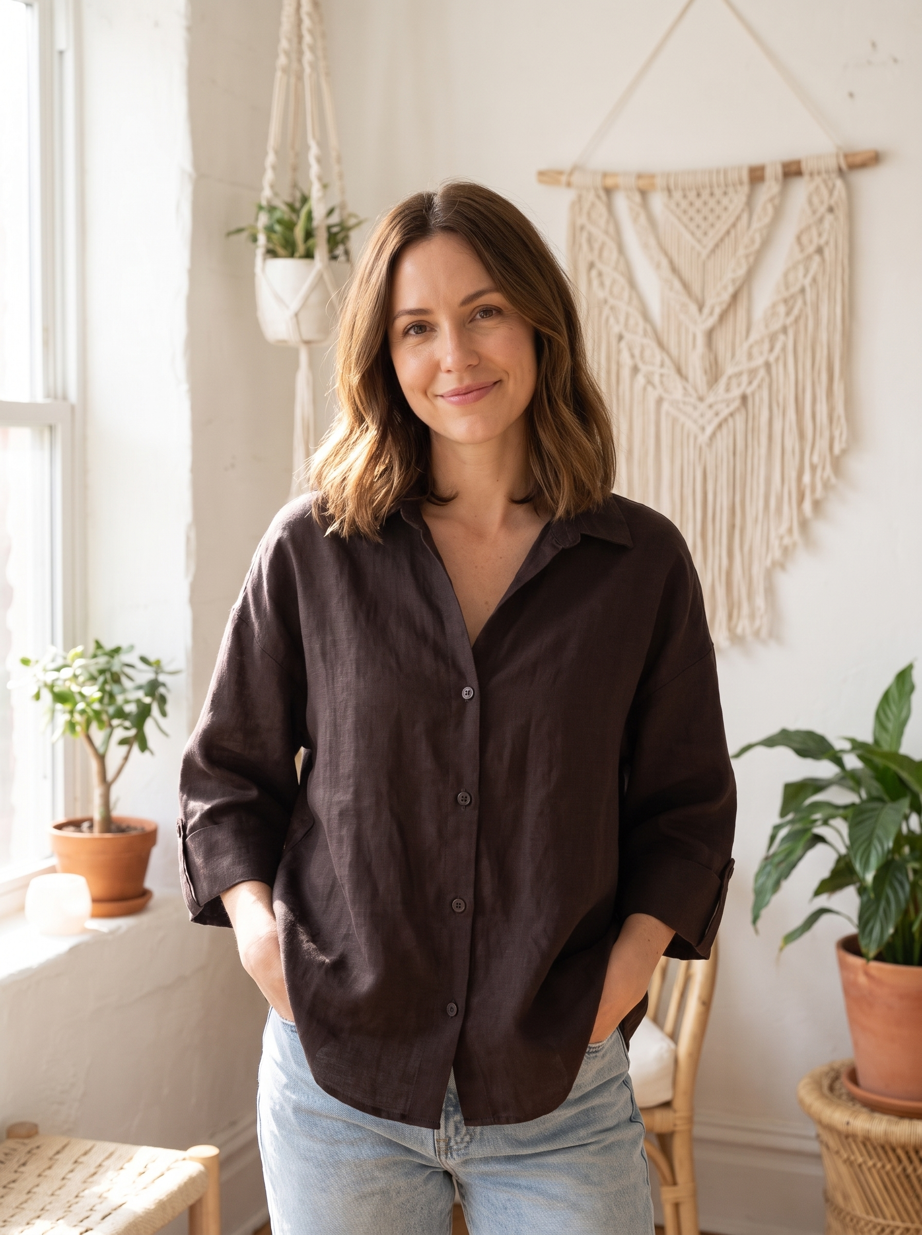 Women's Relaxed Fit Linen Blend Button-Down Shirt – Casual Long Sleeve Top